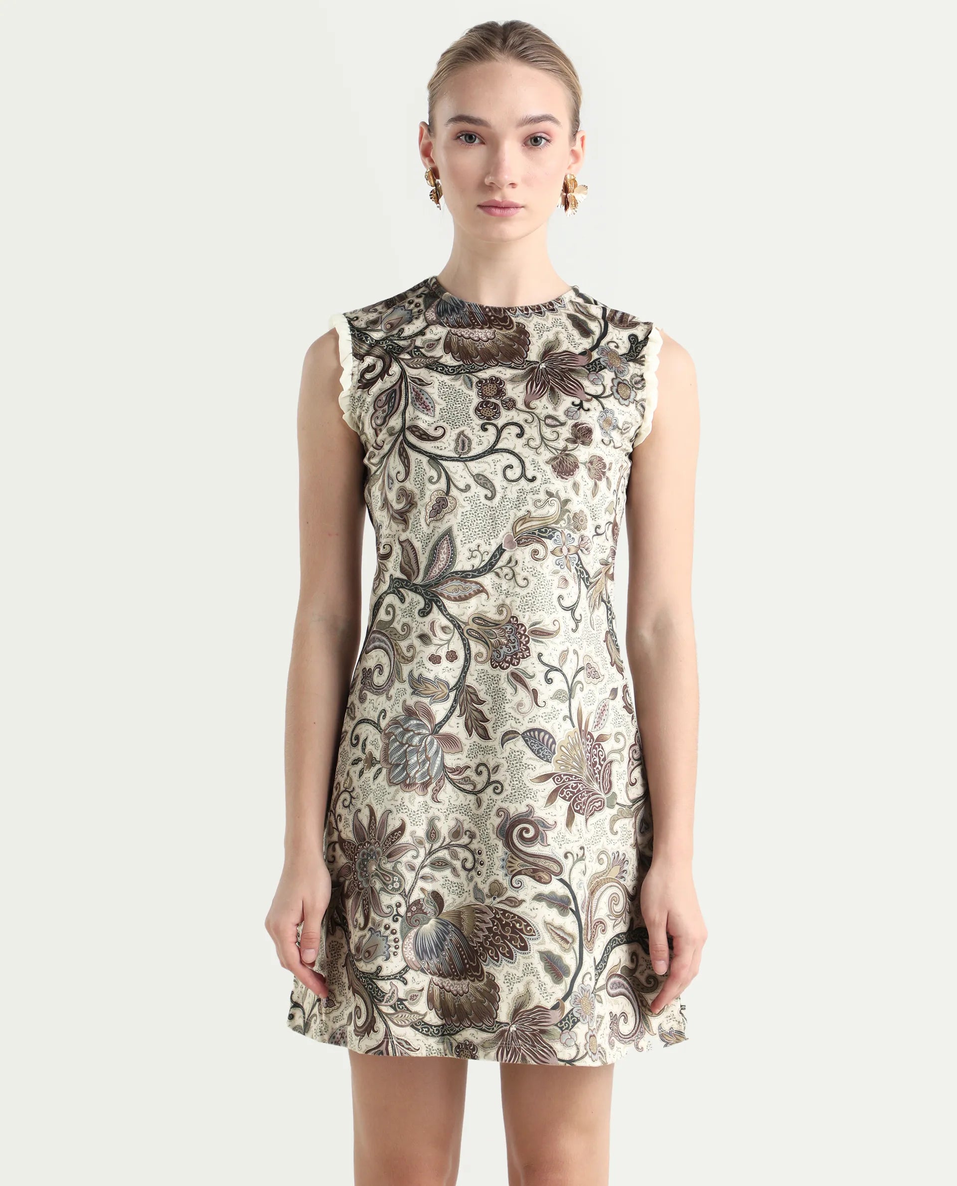 Rareism Women's Velvet Crew Neck Abstract Print Sleeveless Knee Length Fitted Dress