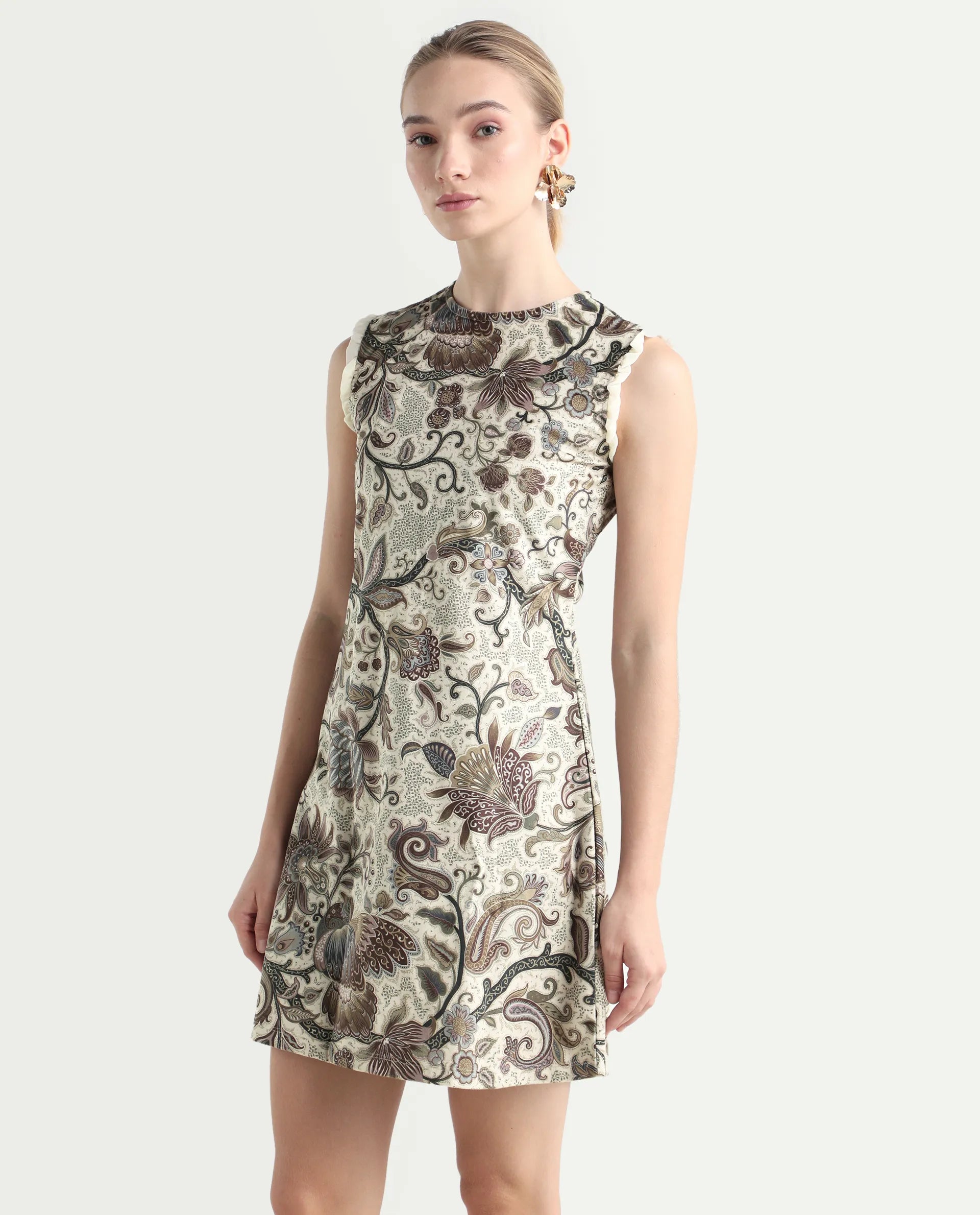 Rareism Women's Velvet Crew Neck Abstract Print Sleeveless Knee Length Fitted Dress