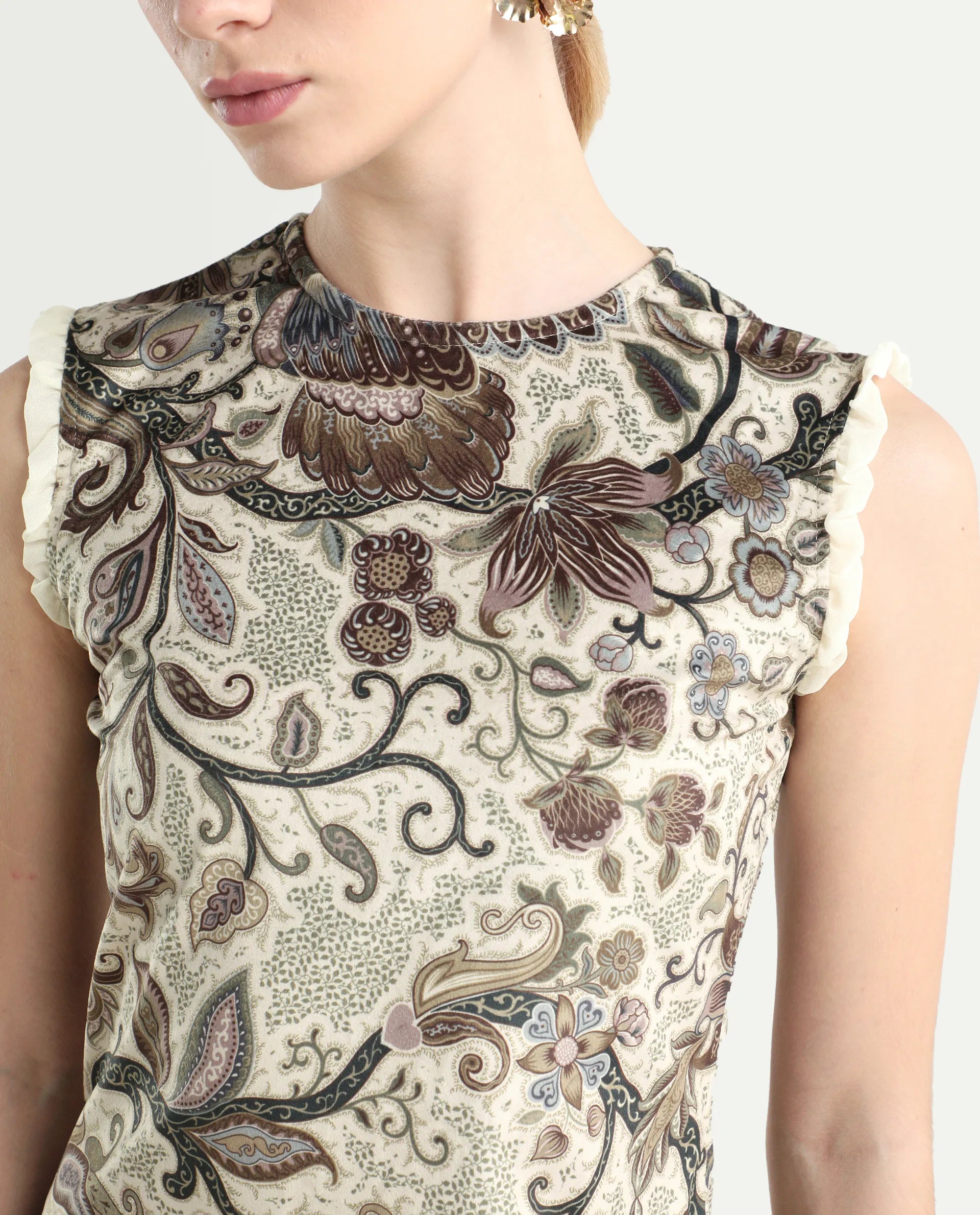 Rareism Women's Velvet Crew Neck Abstract Print Sleeveless Knee Length Fitted Dress