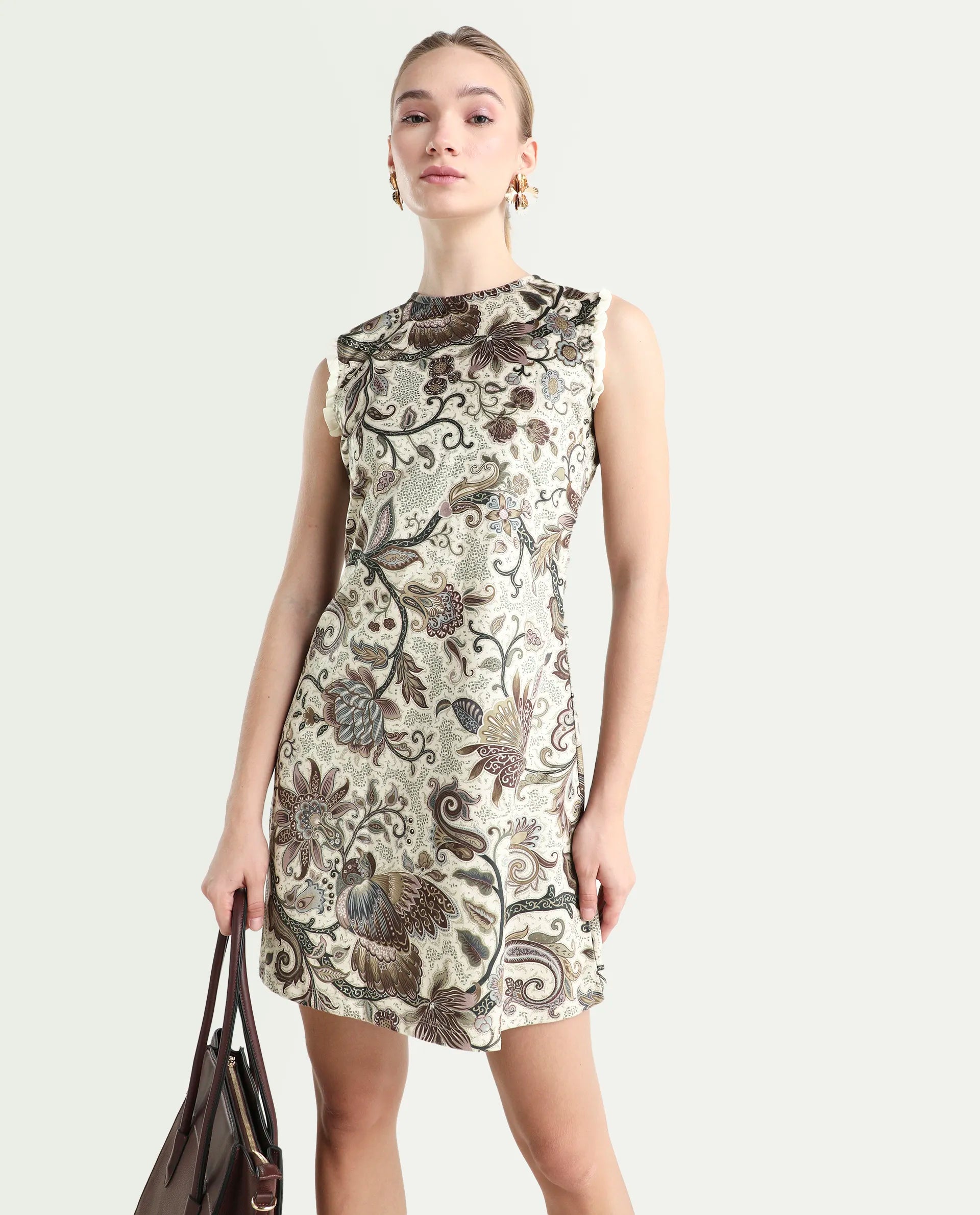 Rareism Women's Velvet Crew Neck Abstract Print Sleeveless Knee Length Fitted Dress