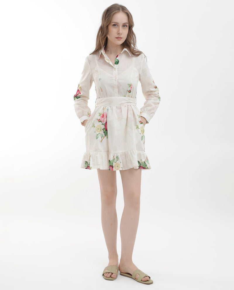 Rareism Women Blecki Off White Cotton Fabric Regular Sleeves Collared Neck Floral Print Mini Dress