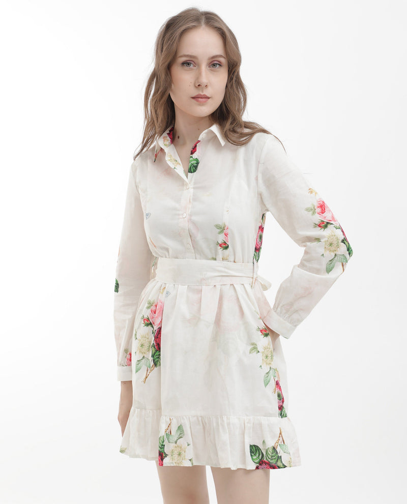 Rareism Women Blecki Off White Cotton Fabric Regular Sleeves Collared Neck Floral Print Mini Dress