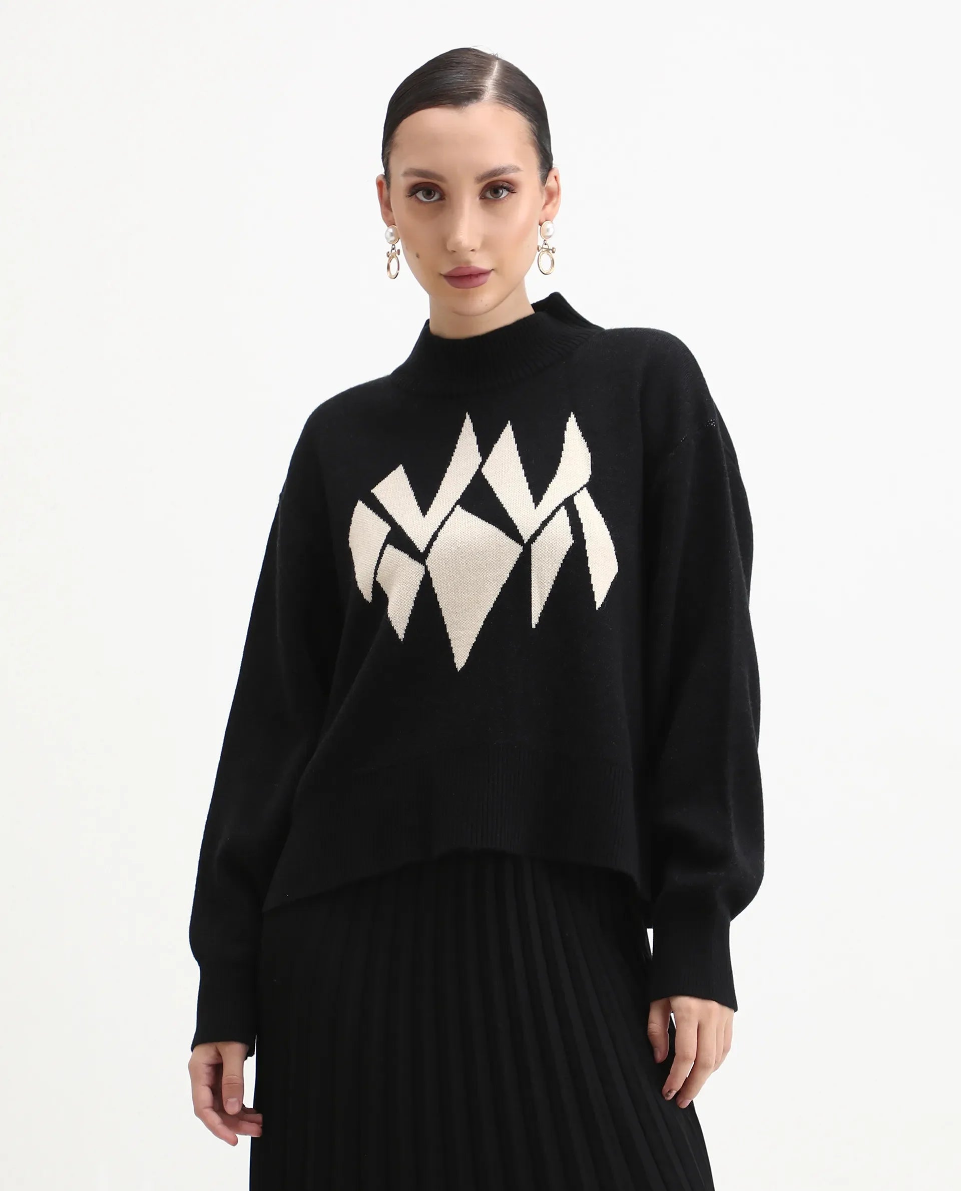 Rareism Women's Blocky Black Acrylic Blend High Neck Relaxed Fit Sweater