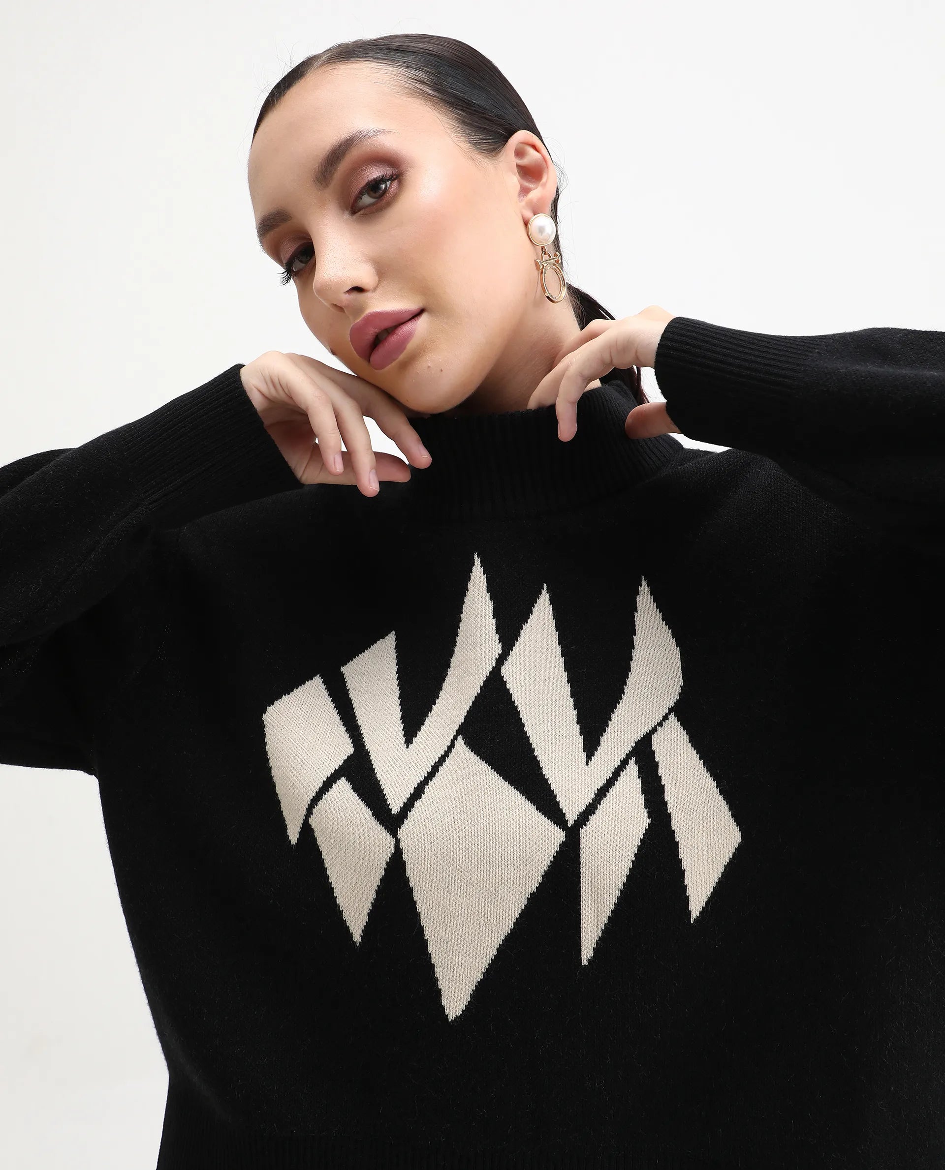 Rareism Women's Blocky Black Acrylic Blend High Neck Relaxed Fit Sweater