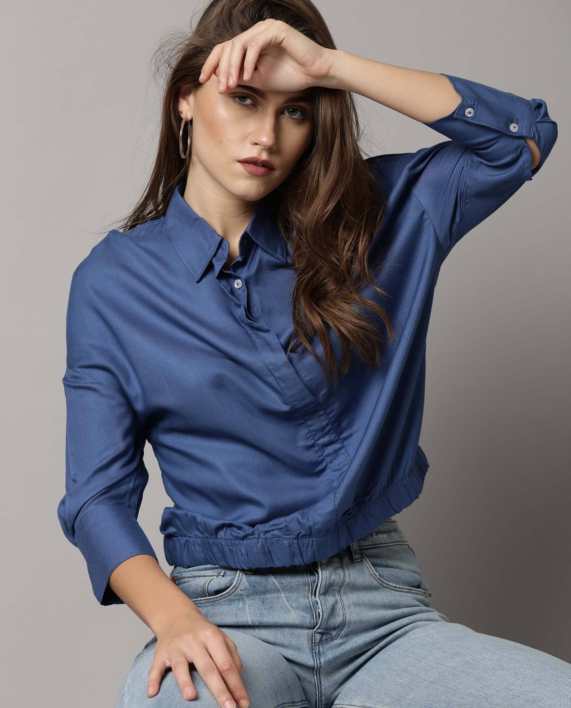 Rareism Women Dupe Blue Top Short Sleeves Solid