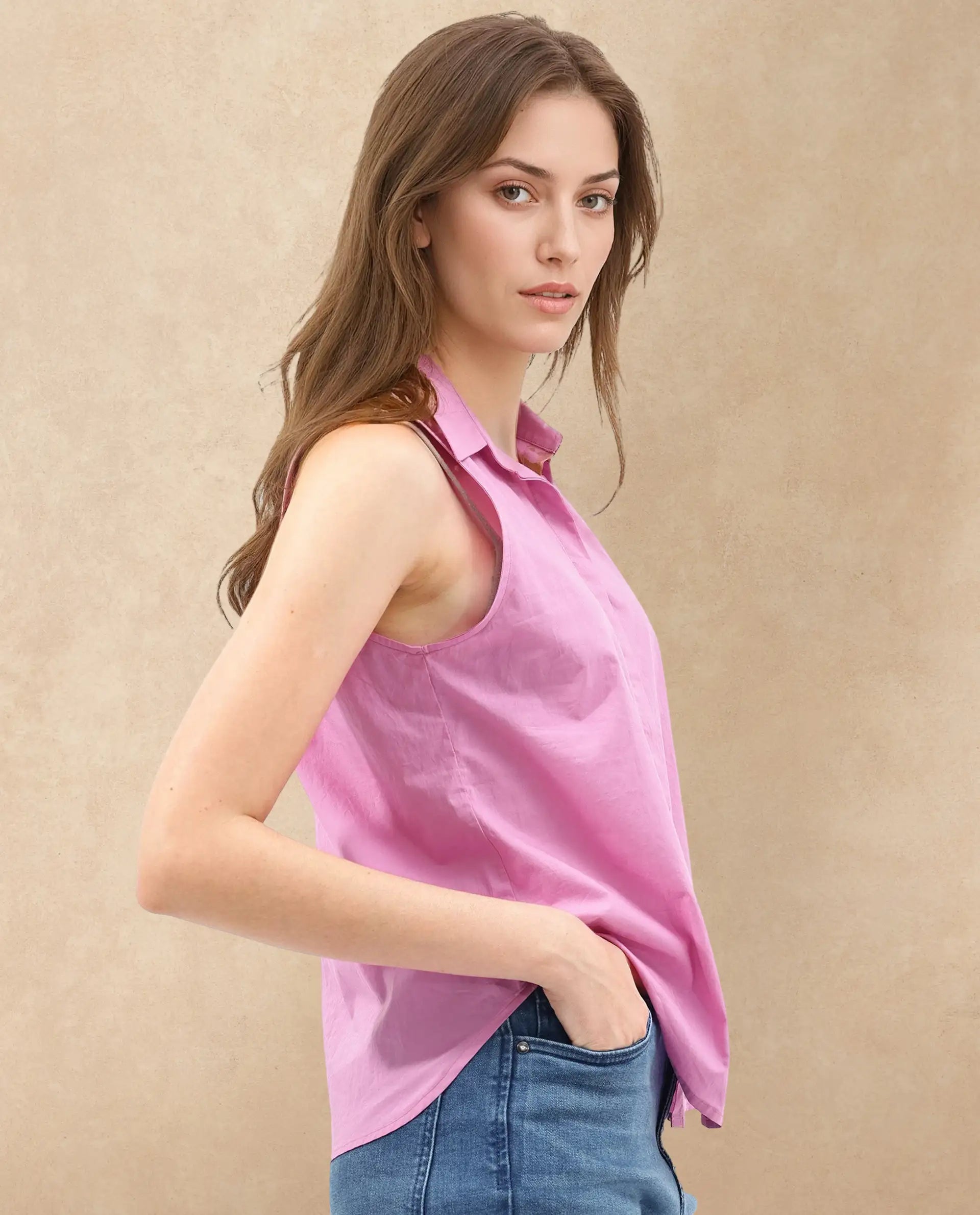 Rareism Women's Blumoon Pink Cotton Drop Collar Plain Sleeveless Relaxed Fit Top