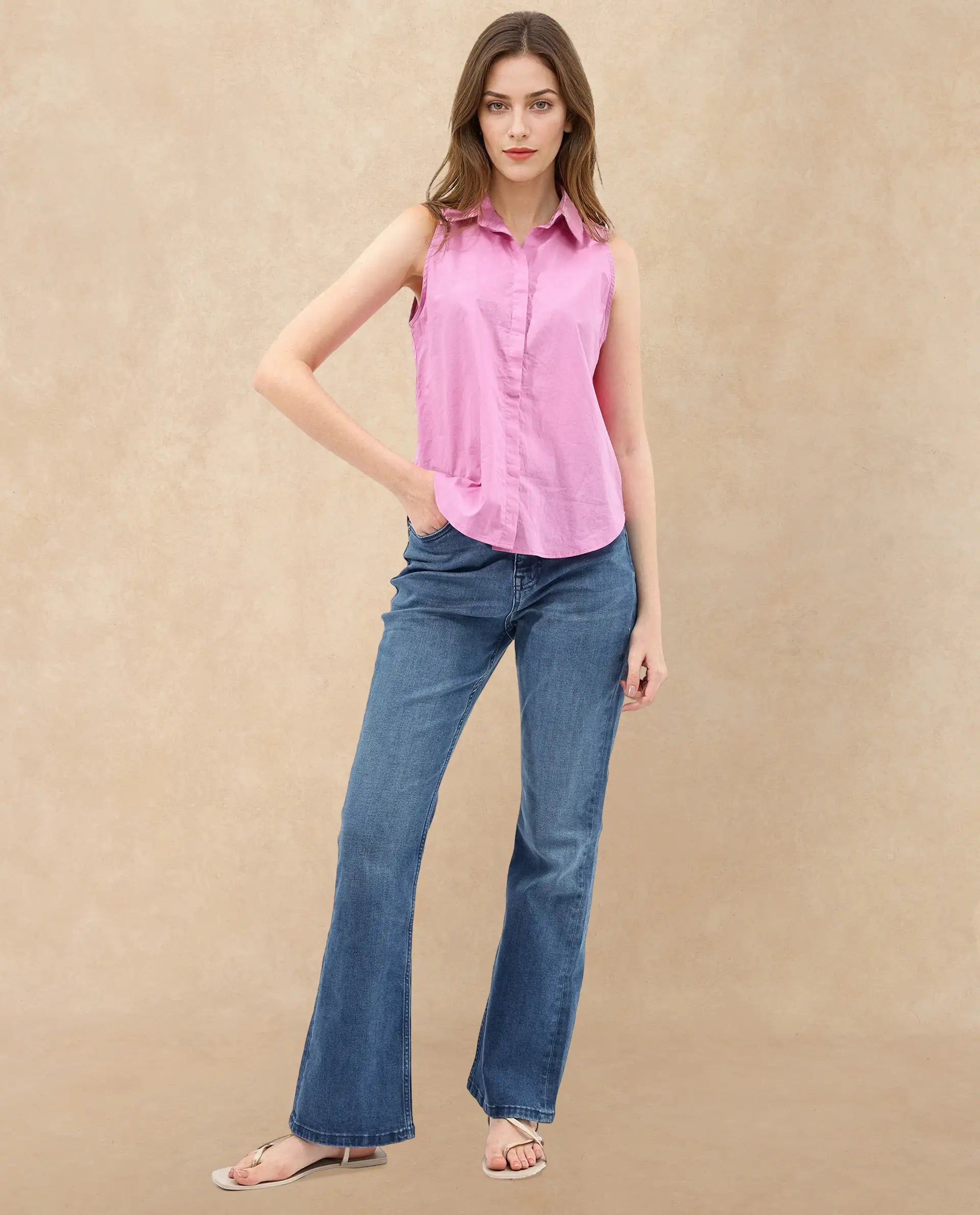 Rareism Women's Blumoon Pink Cotton Drop Collar Plain Sleeveless Relaxed Fit Top