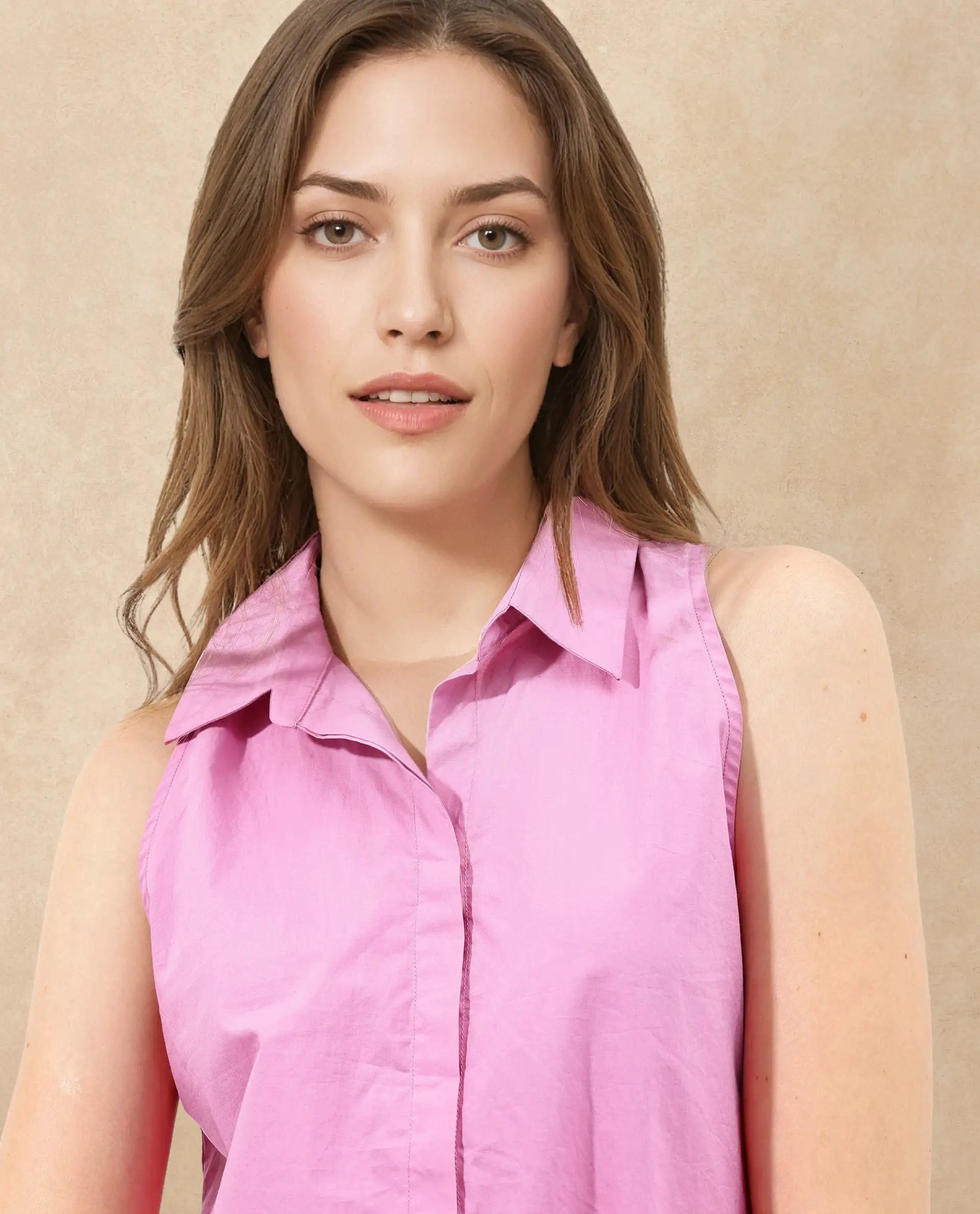 Rareism Women's Blumoon Pink Cotton Drop Collar Plain Sleeveless Relaxed Fit Top
