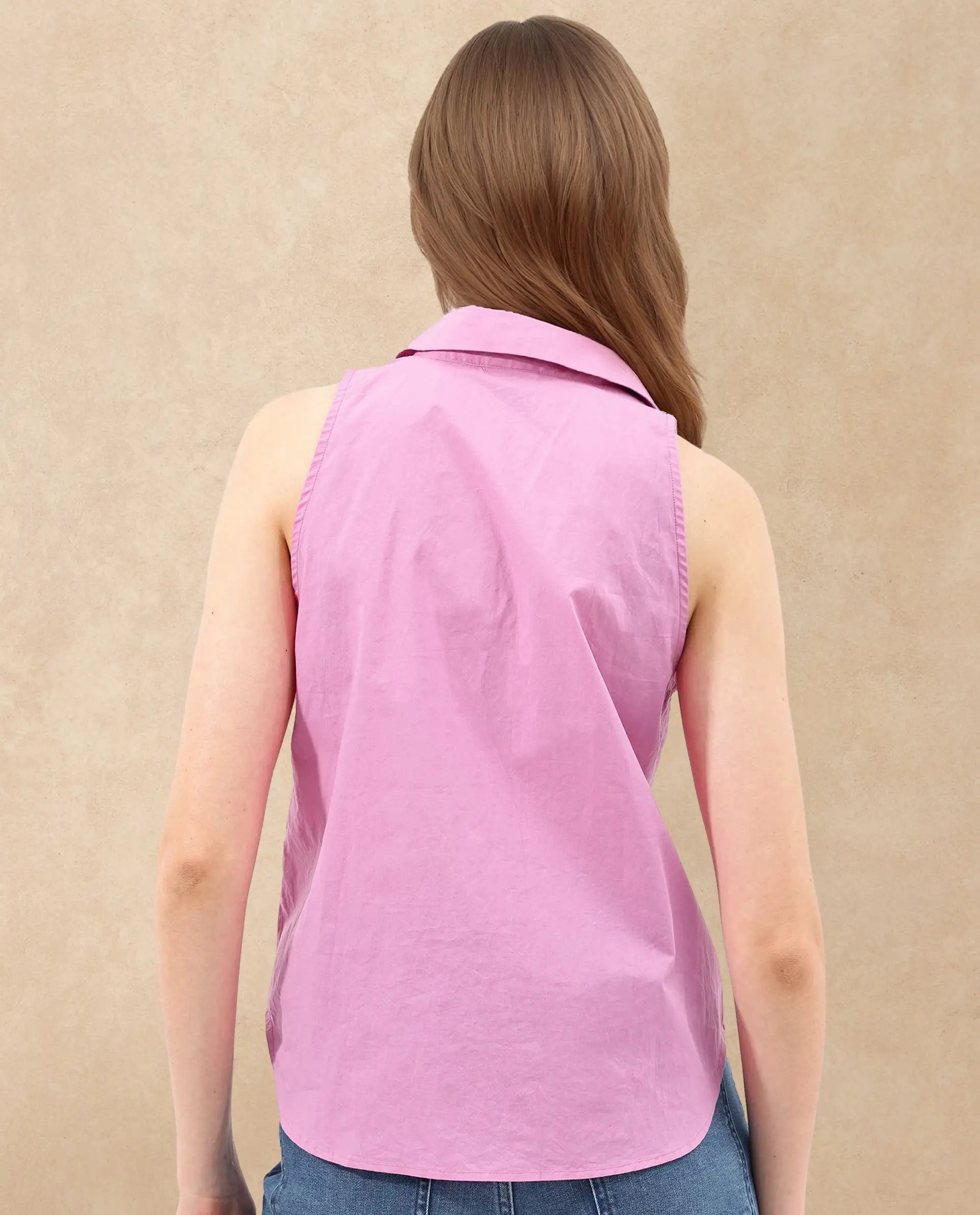Rareism Women's Blumoon Pink Cotton Drop Collar Plain Sleeveless Relaxed Fit Top