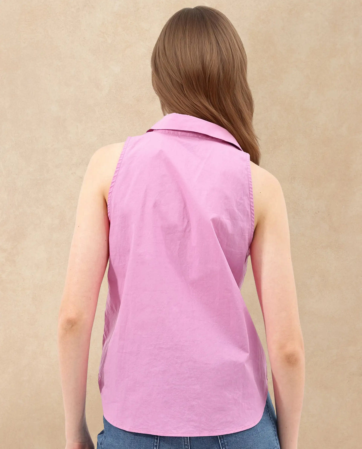 Rareism Women Blumoon-SC Pink Cotton Fabric Sleeveless Collared Neck Button Closure Solid Regular Fit Top