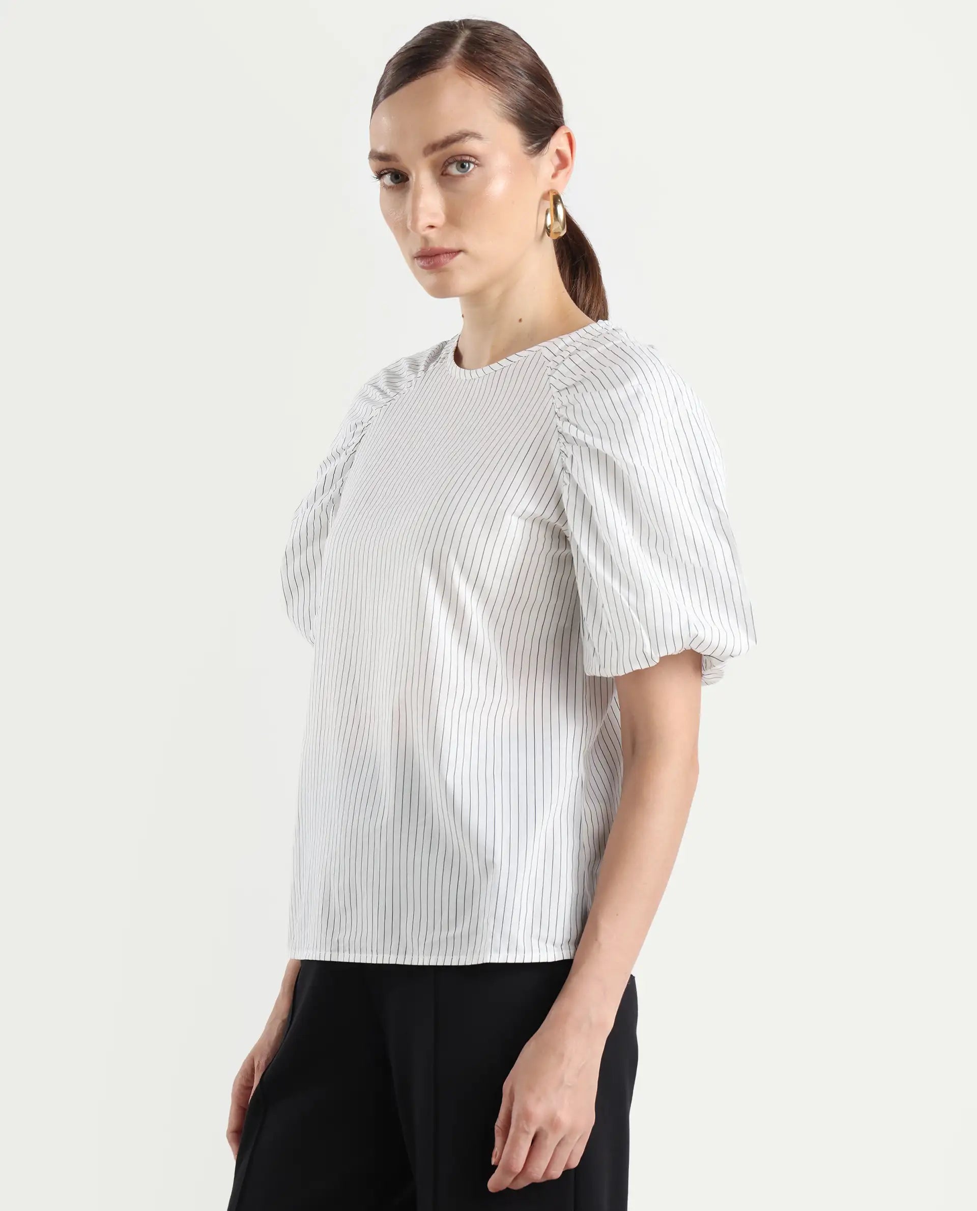 Rareism Women's Bobb White Cotton Drop Collar Striped Raglan Sleeve Regular Fit Top