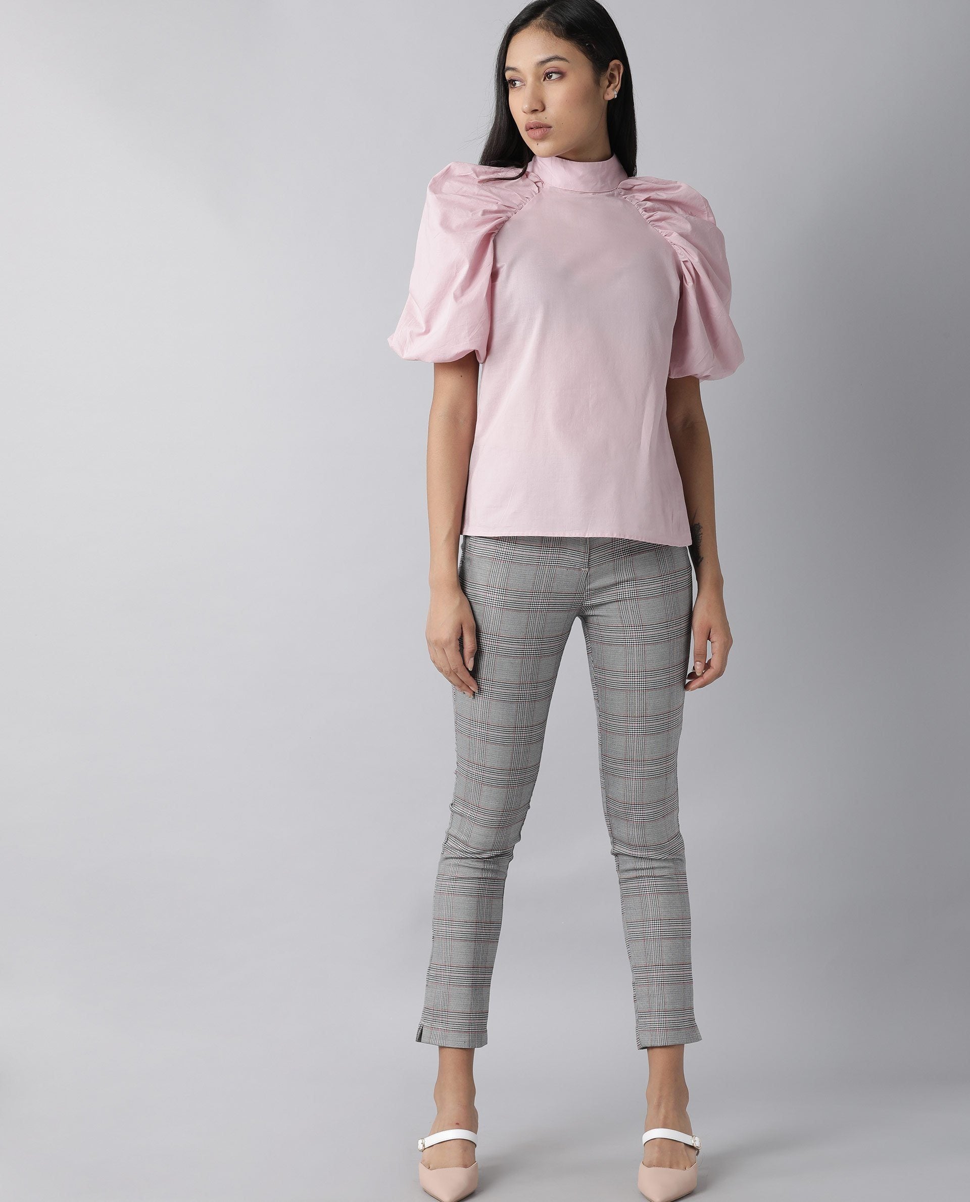Rareism Womens Bobby Pink Top Cotton Fabric  Half Sleeve High Neck