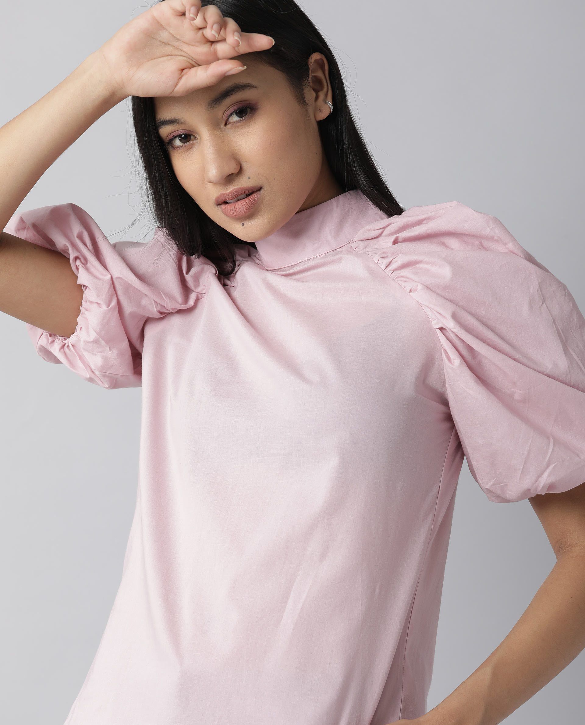 Rareism Womens Bobby Pink Top Cotton Fabric  Half Sleeve High Neck