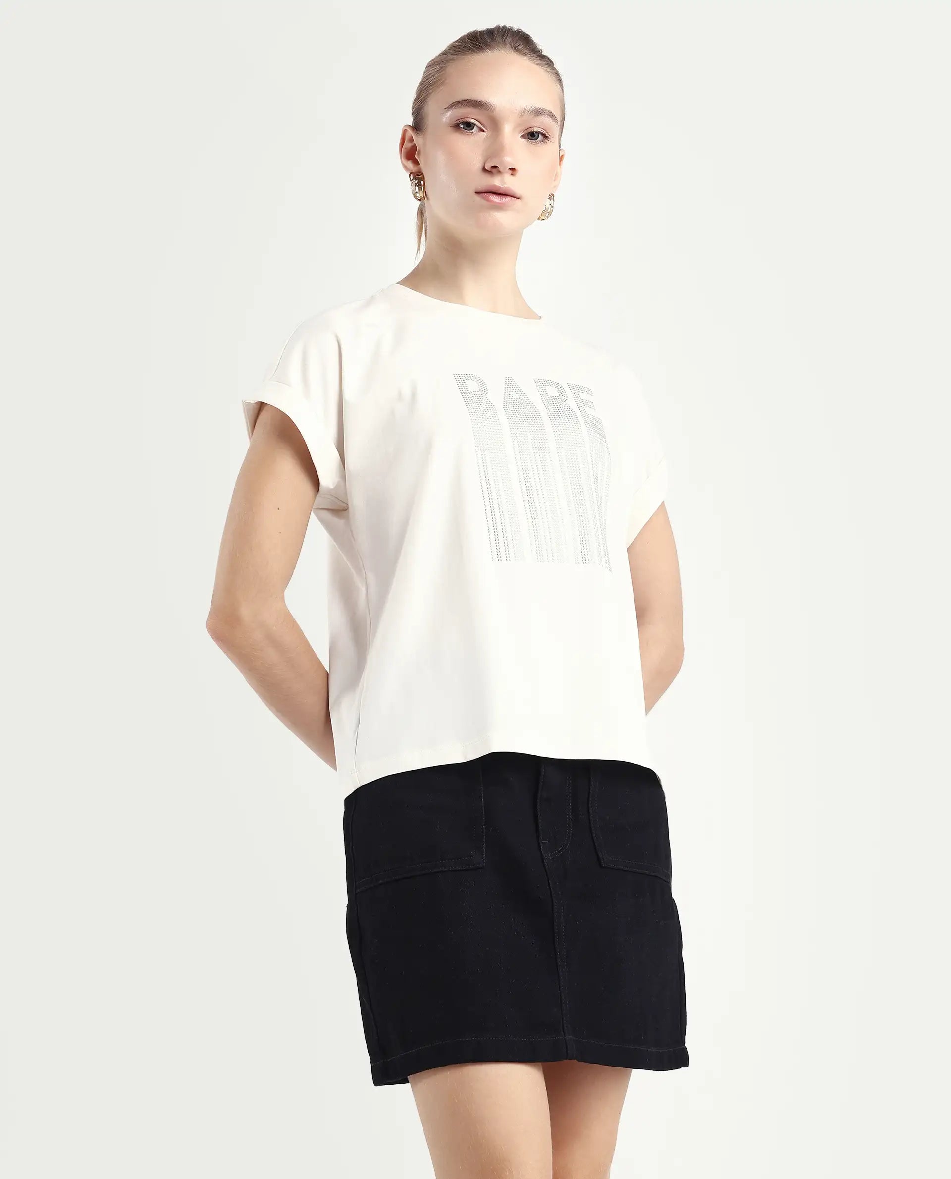 Rareism Women's Bocato Off White Cotton Blend Crew Neck Graphic Print Extended Sleeves Regular Fit T-Shirt