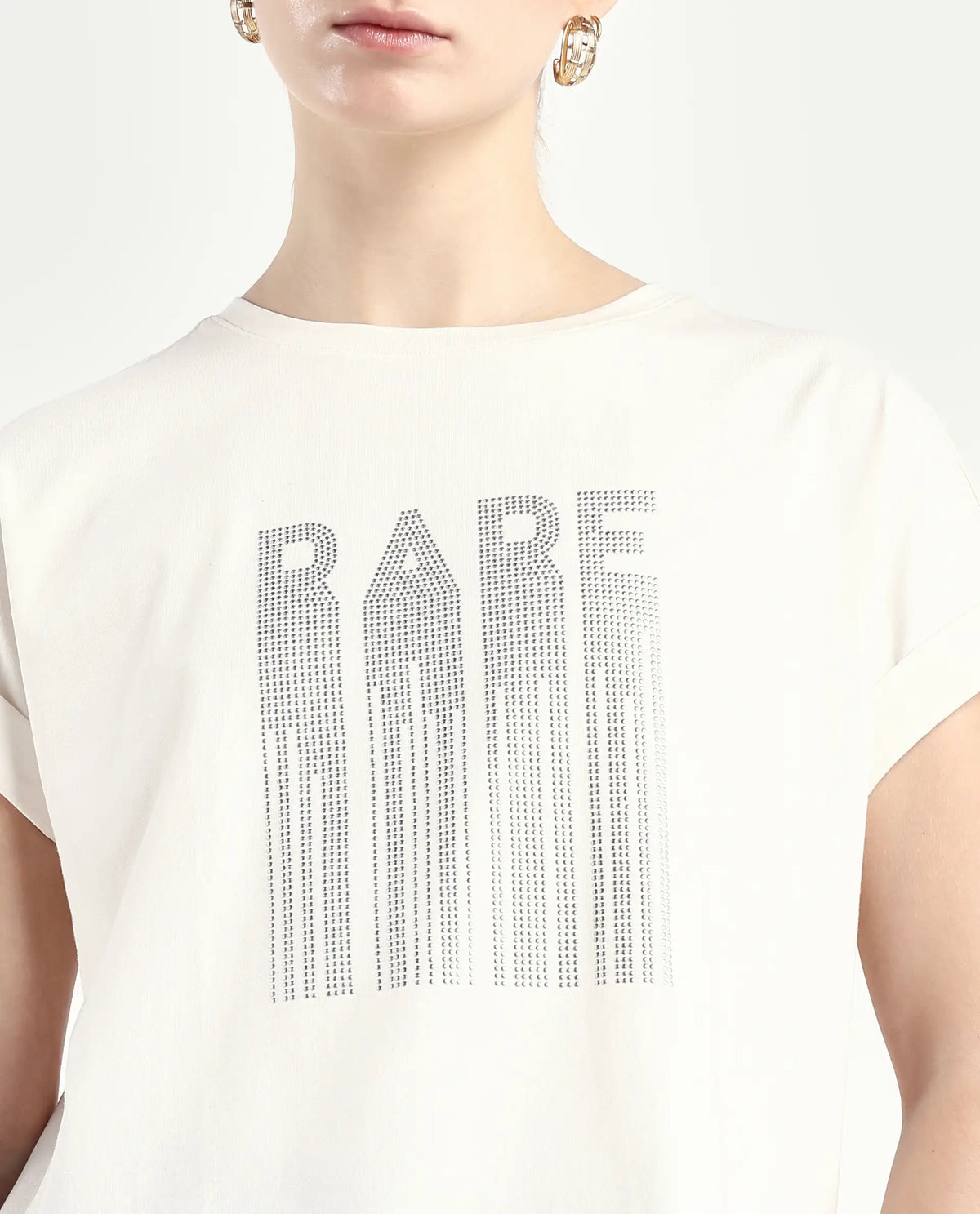 Rareism Women's Bocato Off White Cotton Blend Crew Neck Graphic Print Extended Sleeves Regular Fit T-Shirt