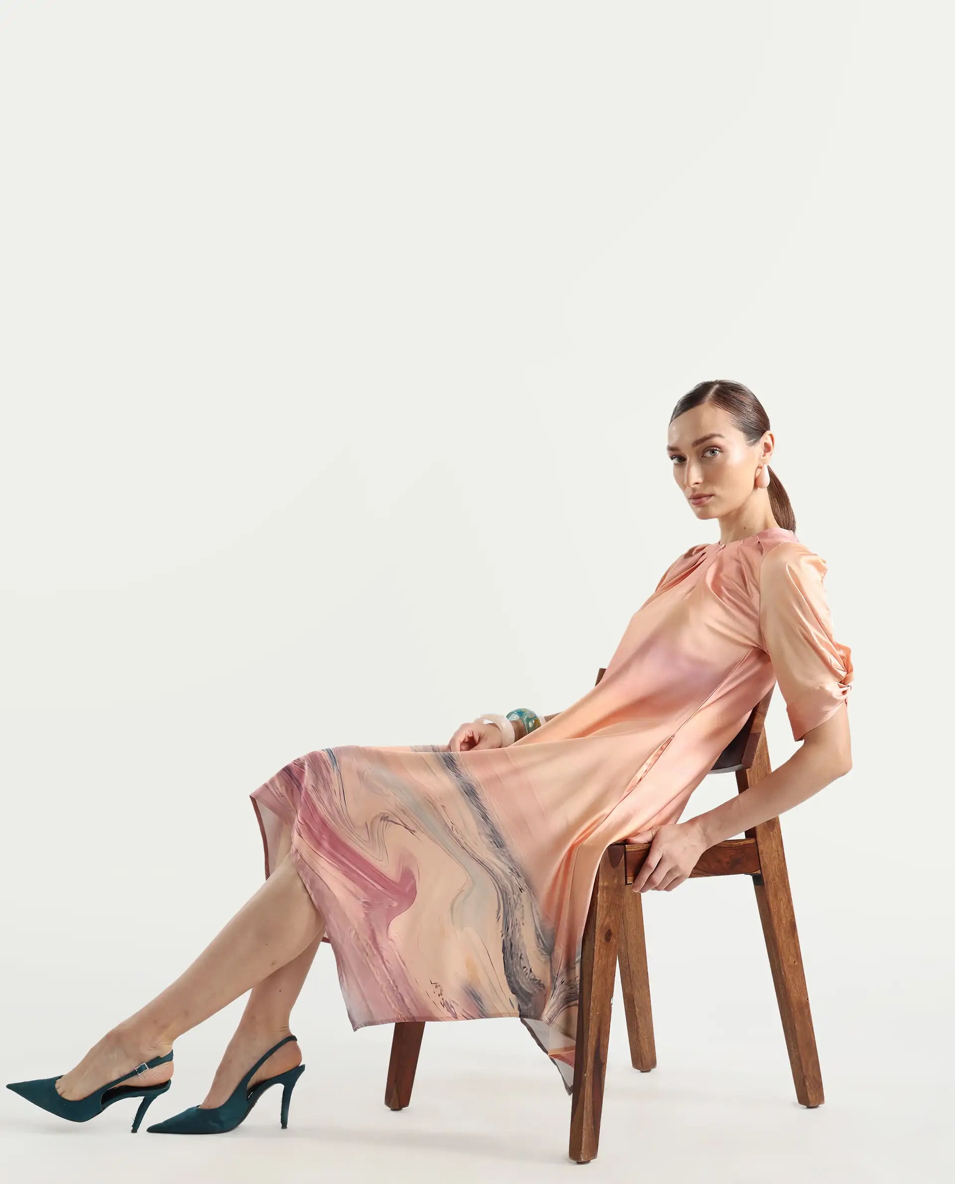 Rareism Women's Bogaz Pastel Multi Polyester Crew Neck Abstract Print Balloon Sleeve Midi Asymmetric Dress