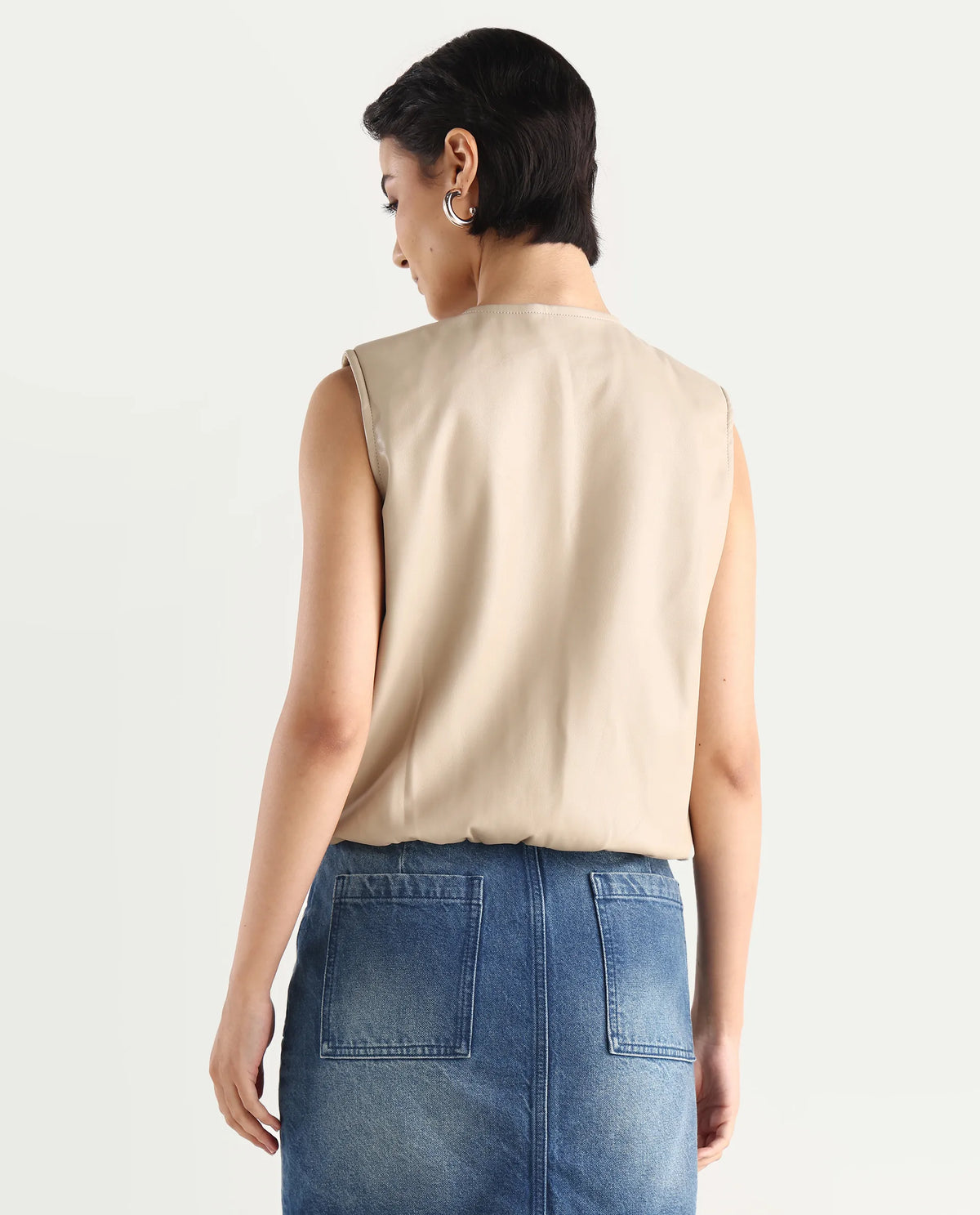 Rareism Women's Bojur - Light Brown Polyester Blend Round Neck Plain Sleeveless Boxy Fit Jacket