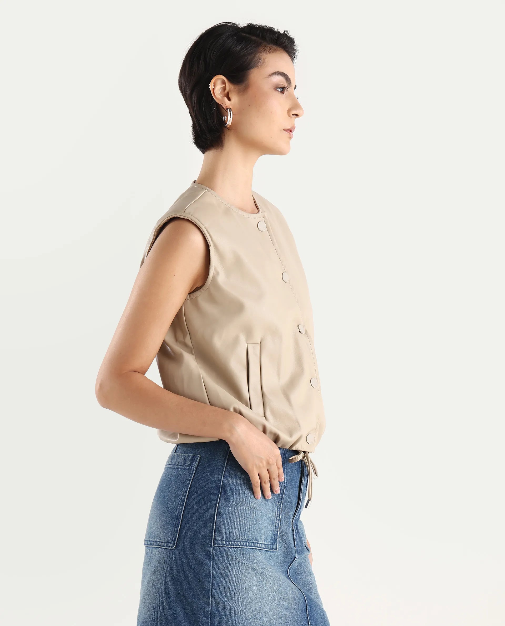 Rareism Women's Bojur - Light Brown Polyester Blend Round Neck Plain Sleeveless Boxy Fit Jacket