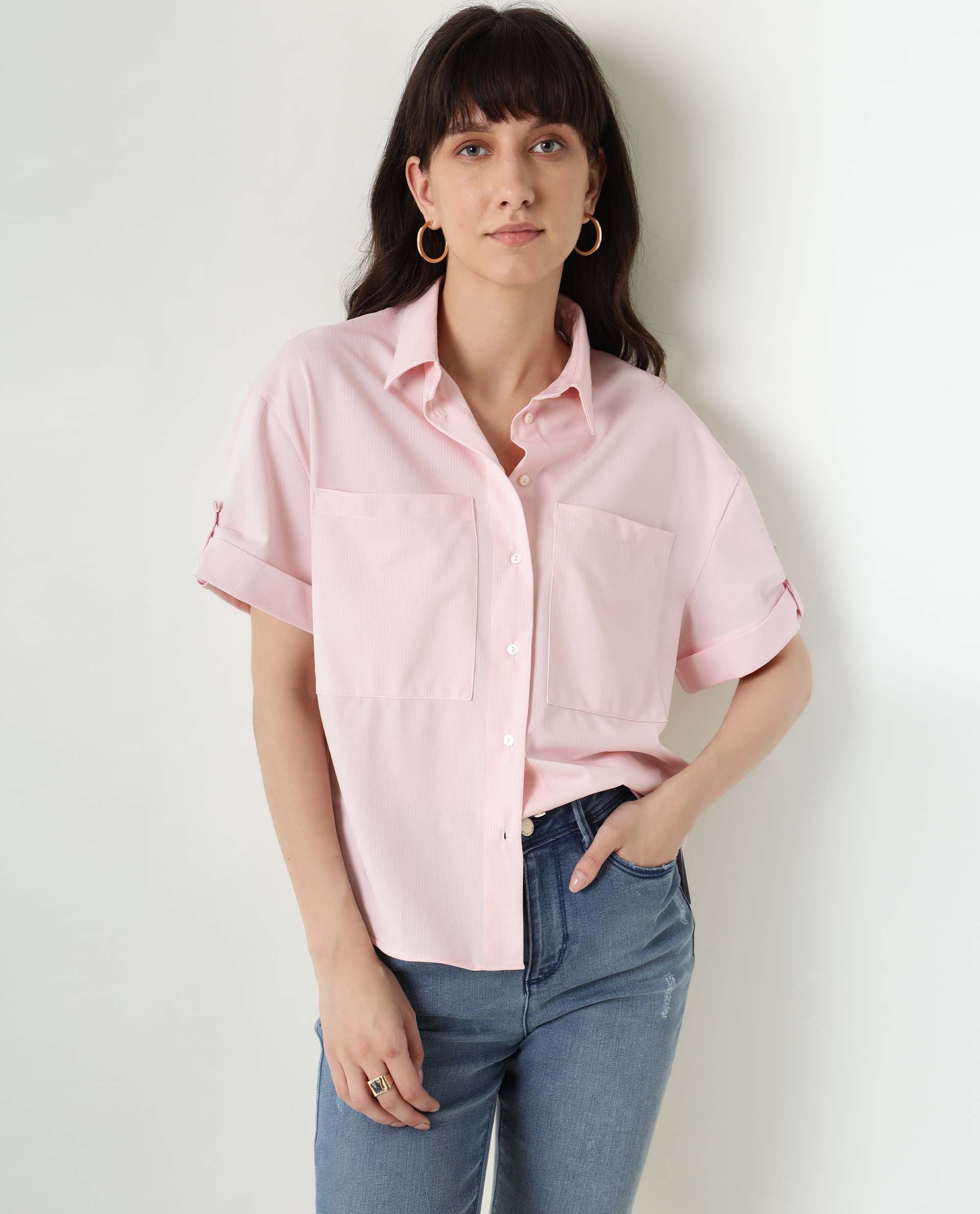 Rareism Women Bolero Pink  Regular Fit Shirt Collar Half Sleeves Solid Top