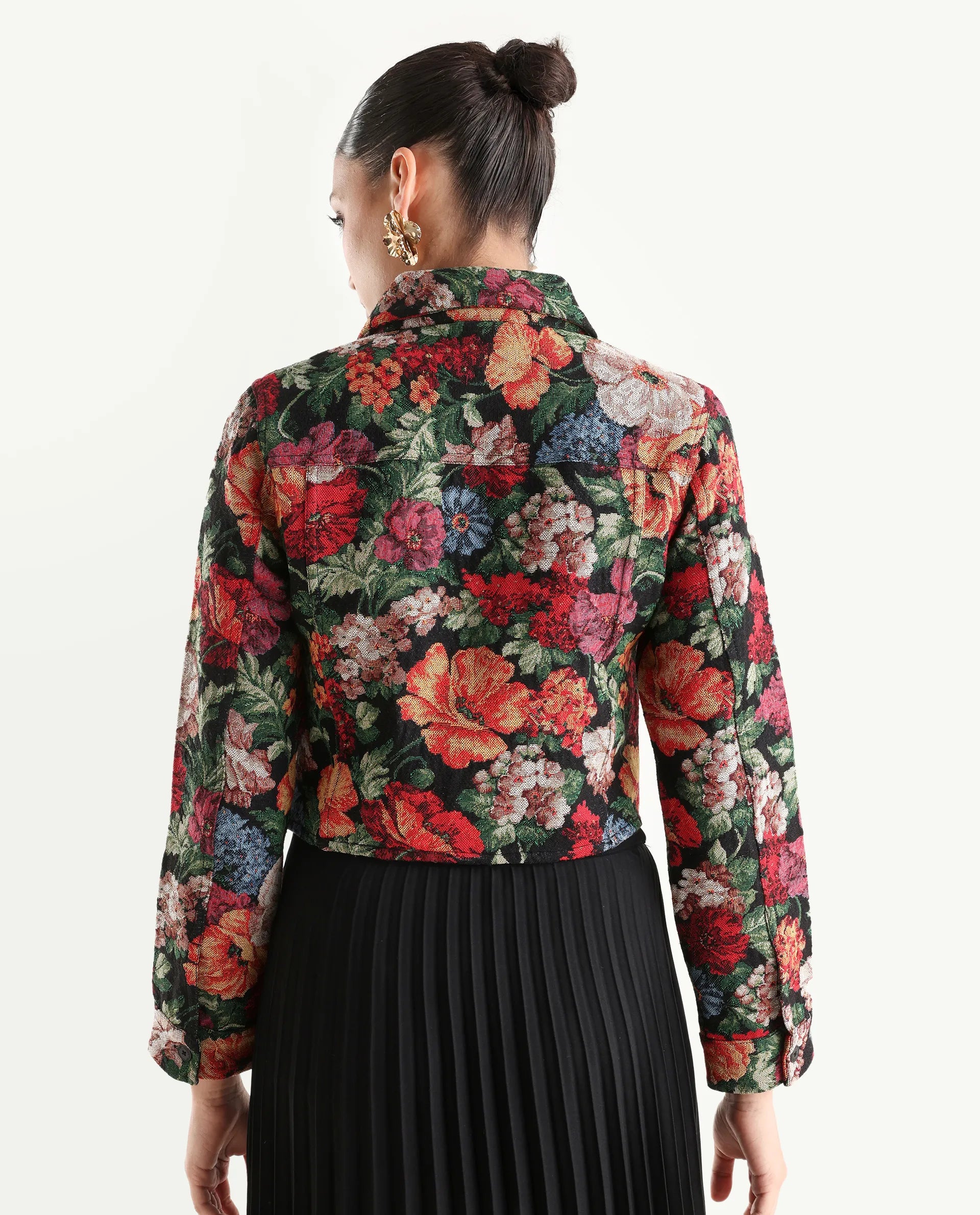 Rareism Women's Bolor Multi Cotton Blend Drop Collar Jacquard Cuffed Sleeve Crop Regular Fit Jacket