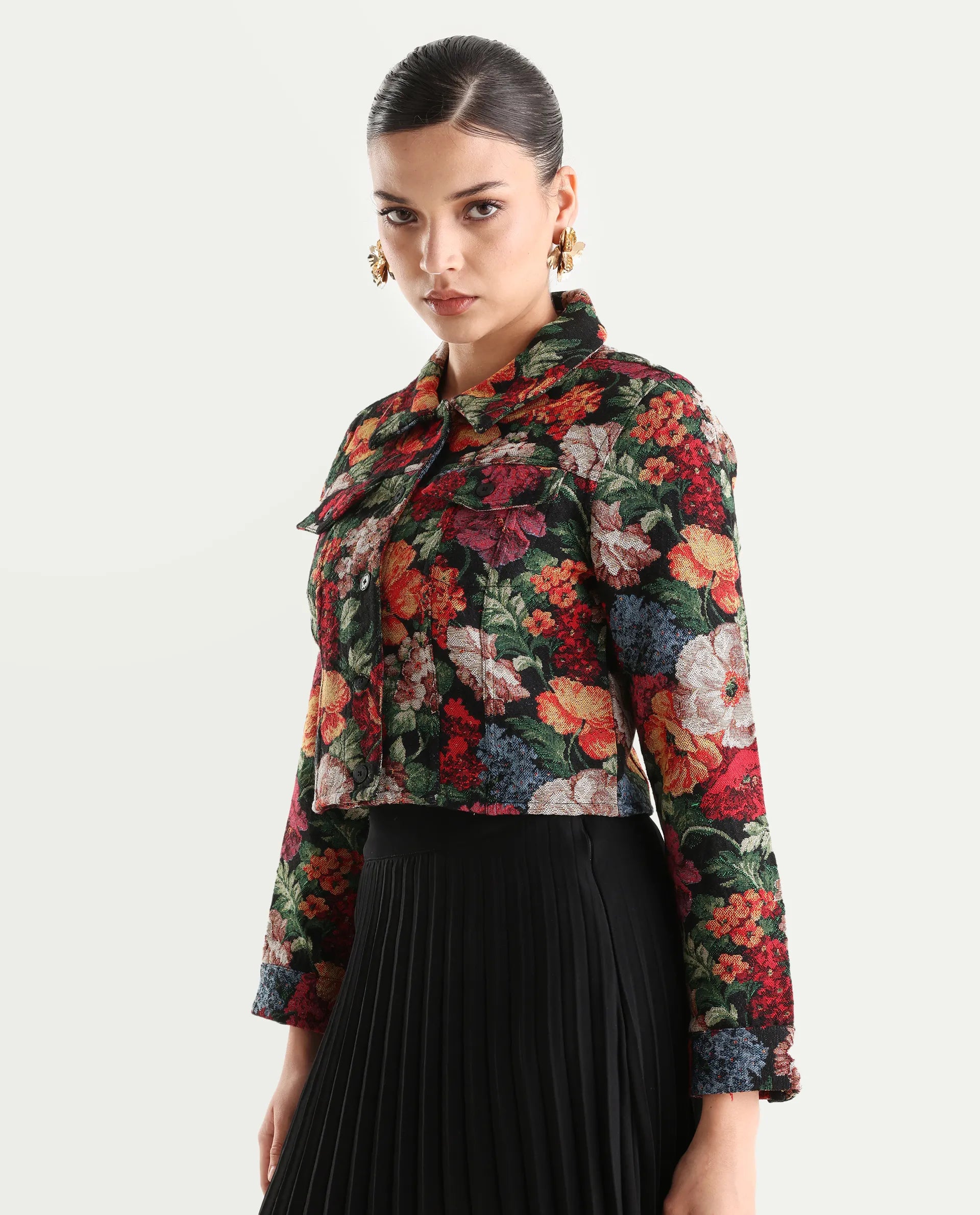 Rareism Women's Bolor Multi Cotton Blend Drop Collar Jacquard Cuffed Sleeve Crop Regular Fit Jacket