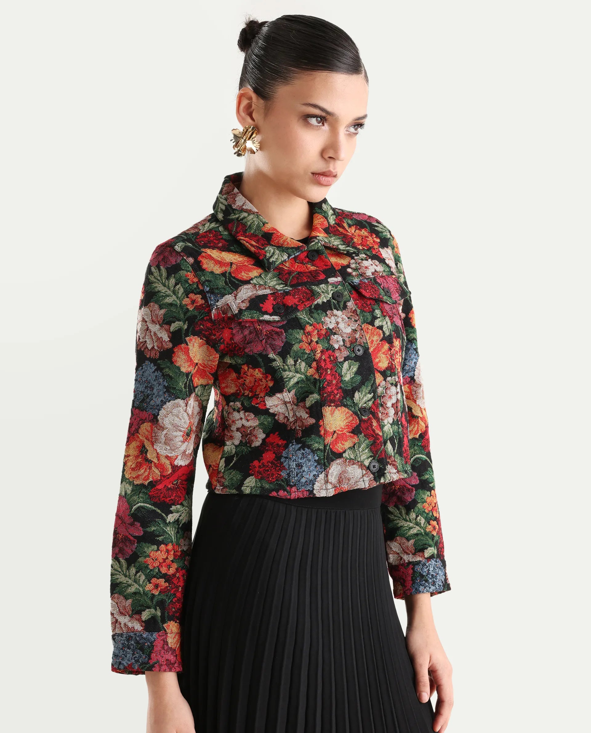 Rareism Women's Bolor Multi Cotton Blend Drop Collar Jacquard Cuffed Sleeve Crop Regular Fit Jacket