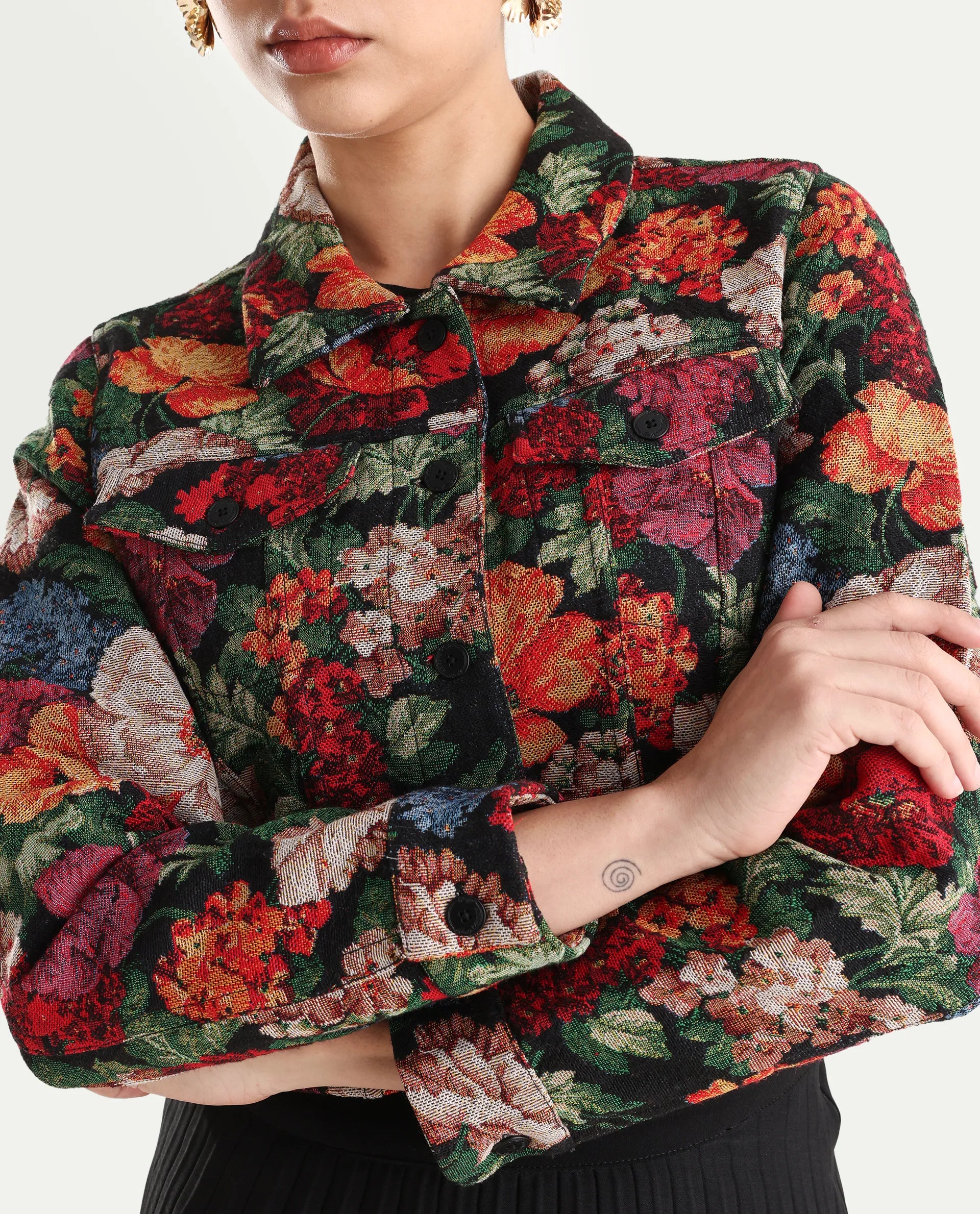Rareism Women's Bolor Multi Cotton Blend Drop Collar Jacquard Cuffed Sleeve Crop Regular Fit Jacket