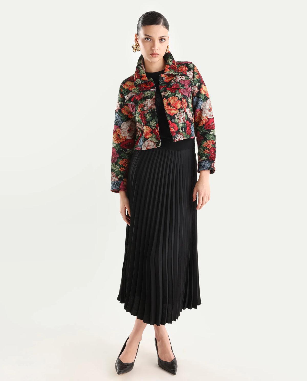 Rareism Women's Bolor Multi Cotton Blend Drop Collar Jacquard Cuffed Sleeve Crop Regular Fit Jacket