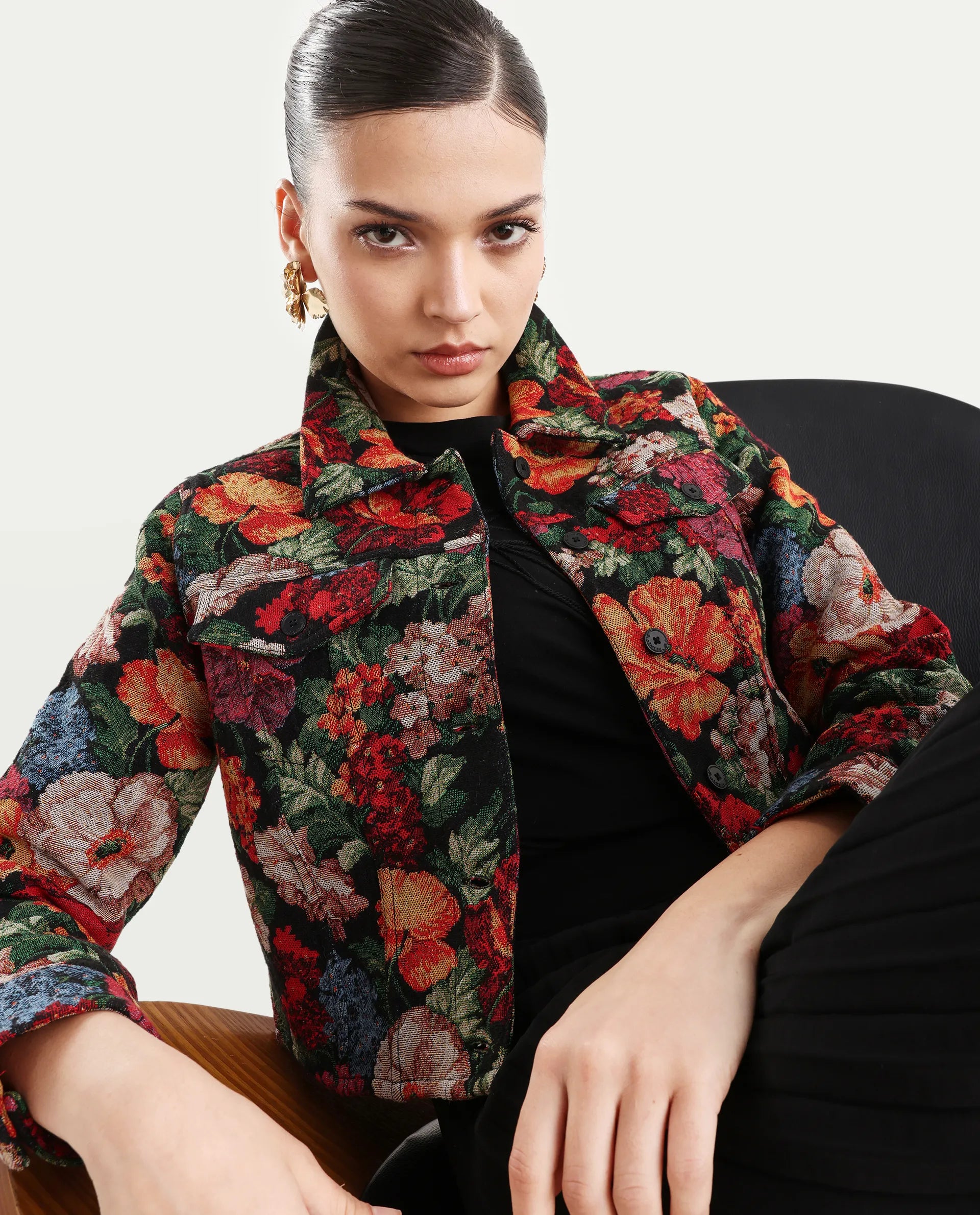 Rareism Women's Bolor Multi Cotton Blend Drop Collar Jacquard Cuffed Sleeve Crop Regular Fit Jacket