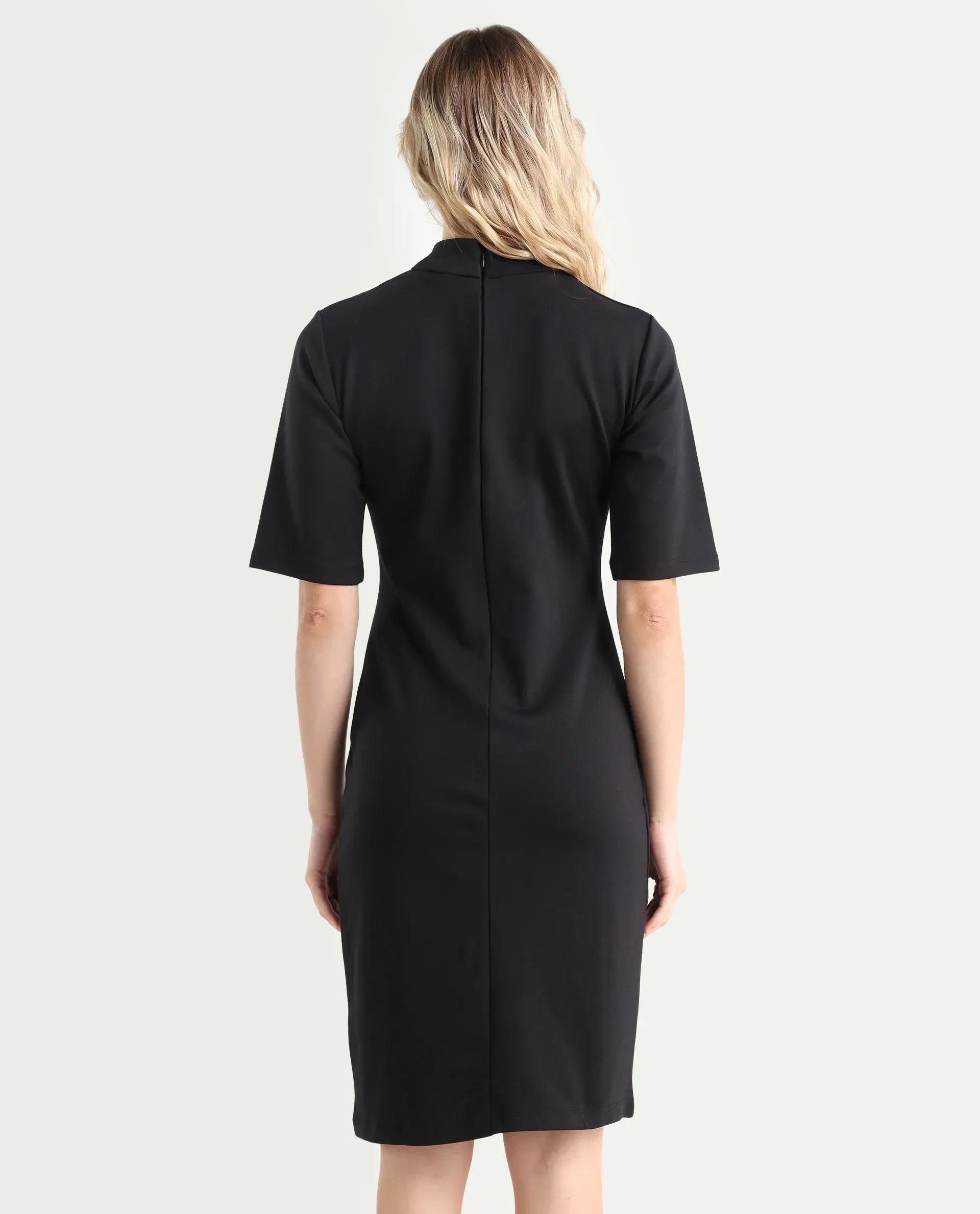 Rareism Women's Bolu Black Cotton Blend High Neck Plain Knee Length Slim Fit Dress