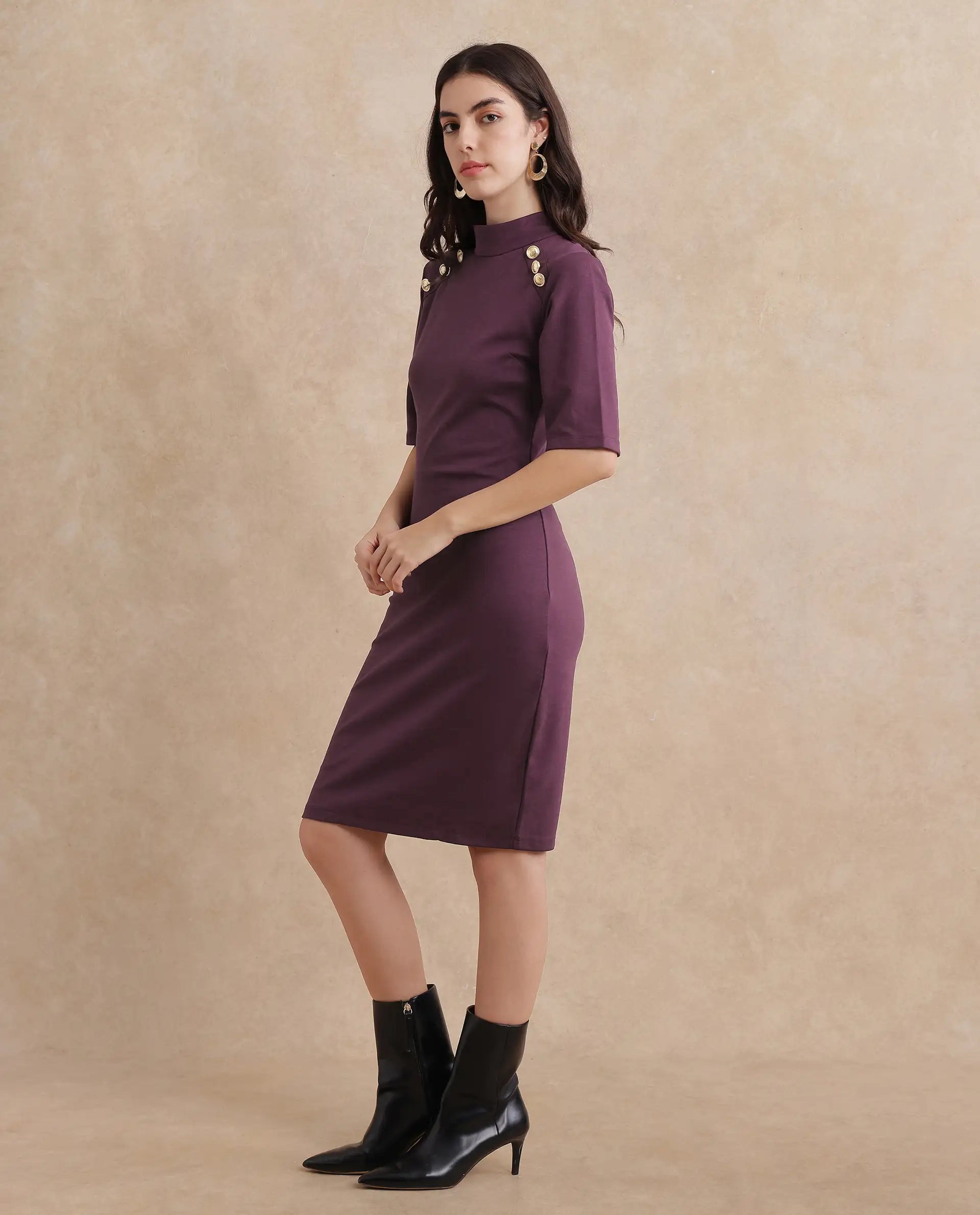 Rareism Women's Bolu Purple Cotton Blend High Neck Plain Midi Bodycon Dress