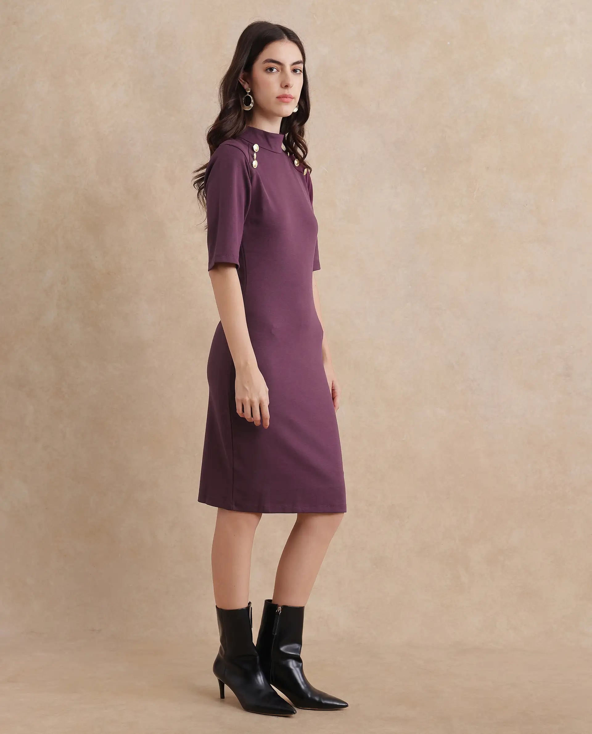 Rareism Women's Bolu Purple Cotton Blend High Neck Plain Midi Bodycon Dress