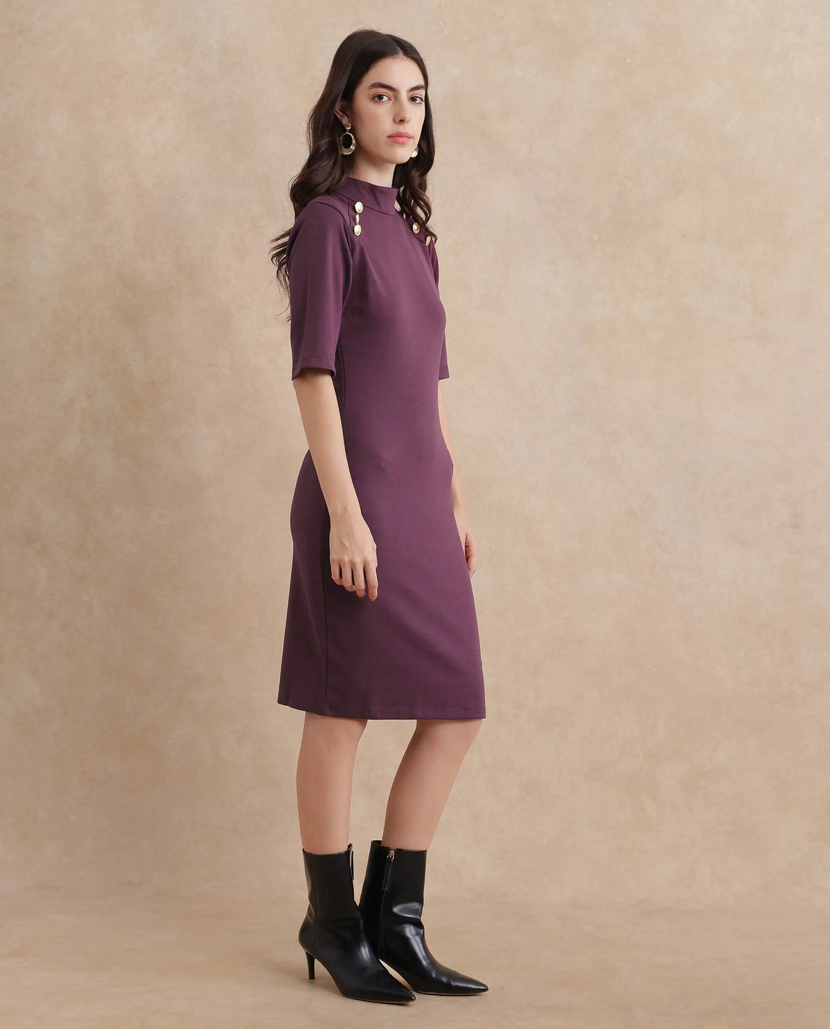 Rareism Women's Bolu Purple Cotton Blend Fabric High Neck Zipper Closure Half Sleeve Plain Bodycon Midi Dress