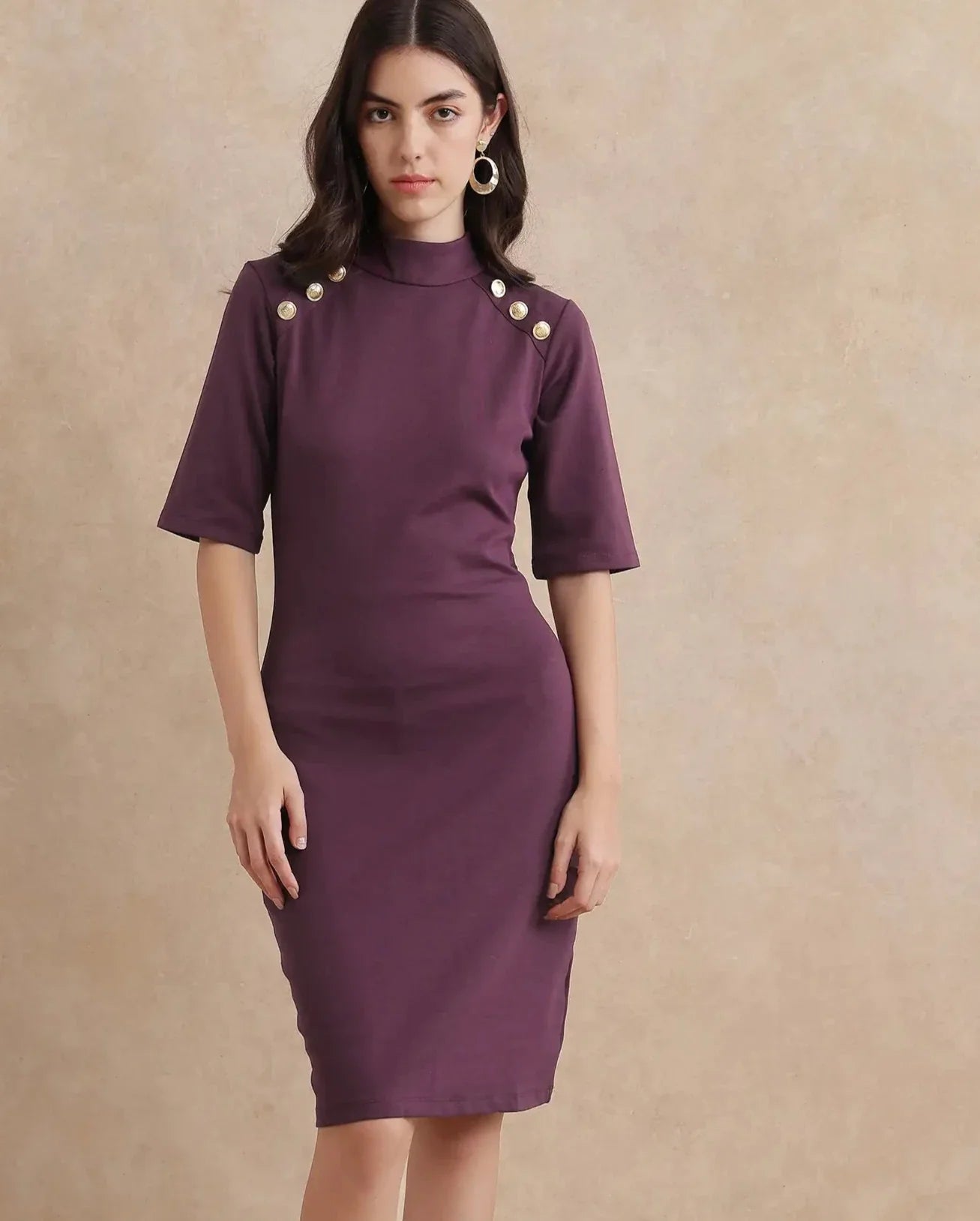Rareism Women's Bolu Purple Cotton Blend High Neck Plain Midi Bodycon Dress