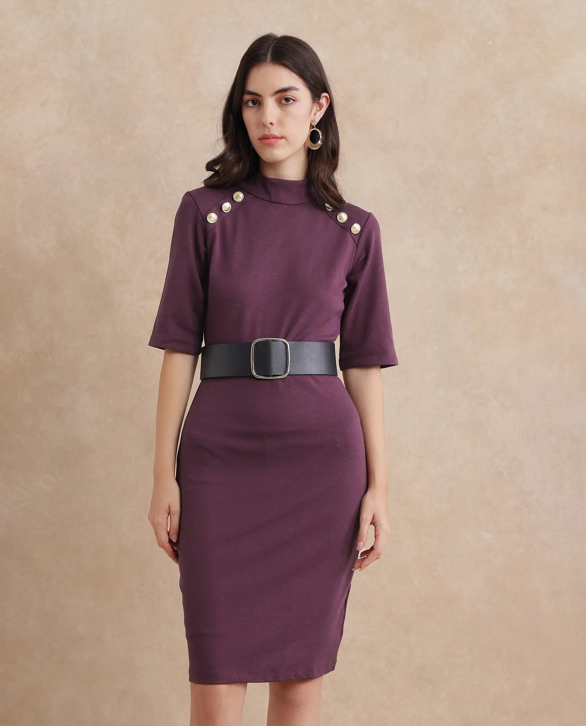 Rareism Women's Bolu Purple Cotton Blend High Neck Plain Midi Bodycon Dress