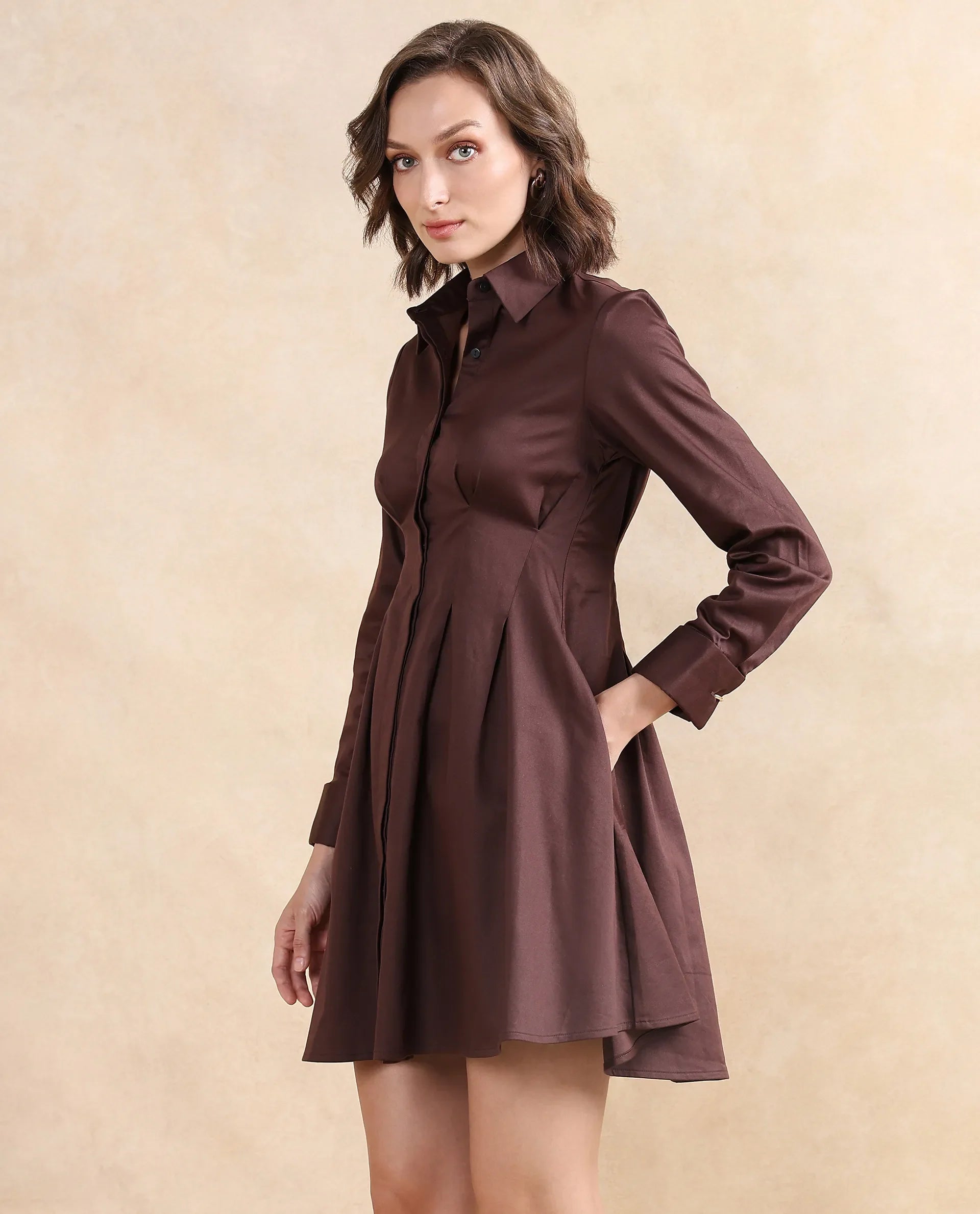 Rareism Women's Bolvia Dark Brown Cotton Blend Drop Collar Plain Cuffed Sleeve Knee Length Flared Dress