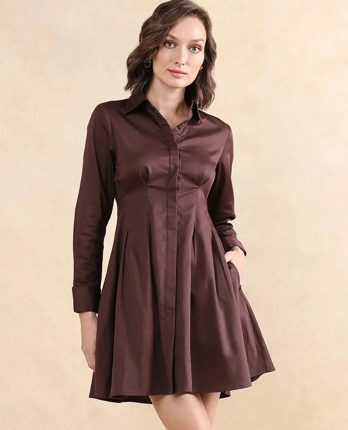Rareism Women's Bolvia Dark Brown Cotton Blend Drop Collar Plain Cuffed Sleeve Knee Length Flared Dress