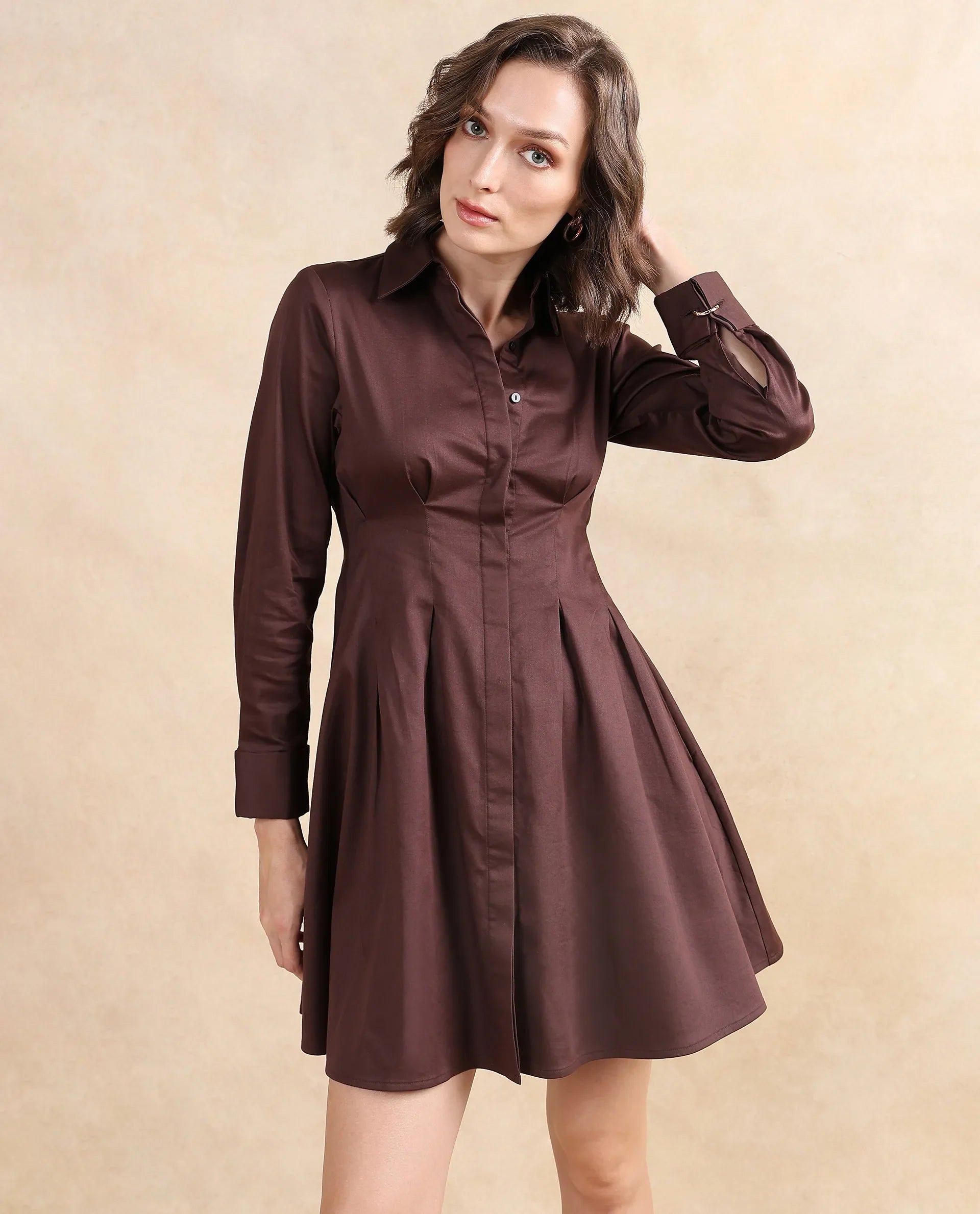 Rareism Women's Bolvia Dark Brown Cotton Blend Drop Collar Plain Cuffed Sleeve Knee Length Flared Dress