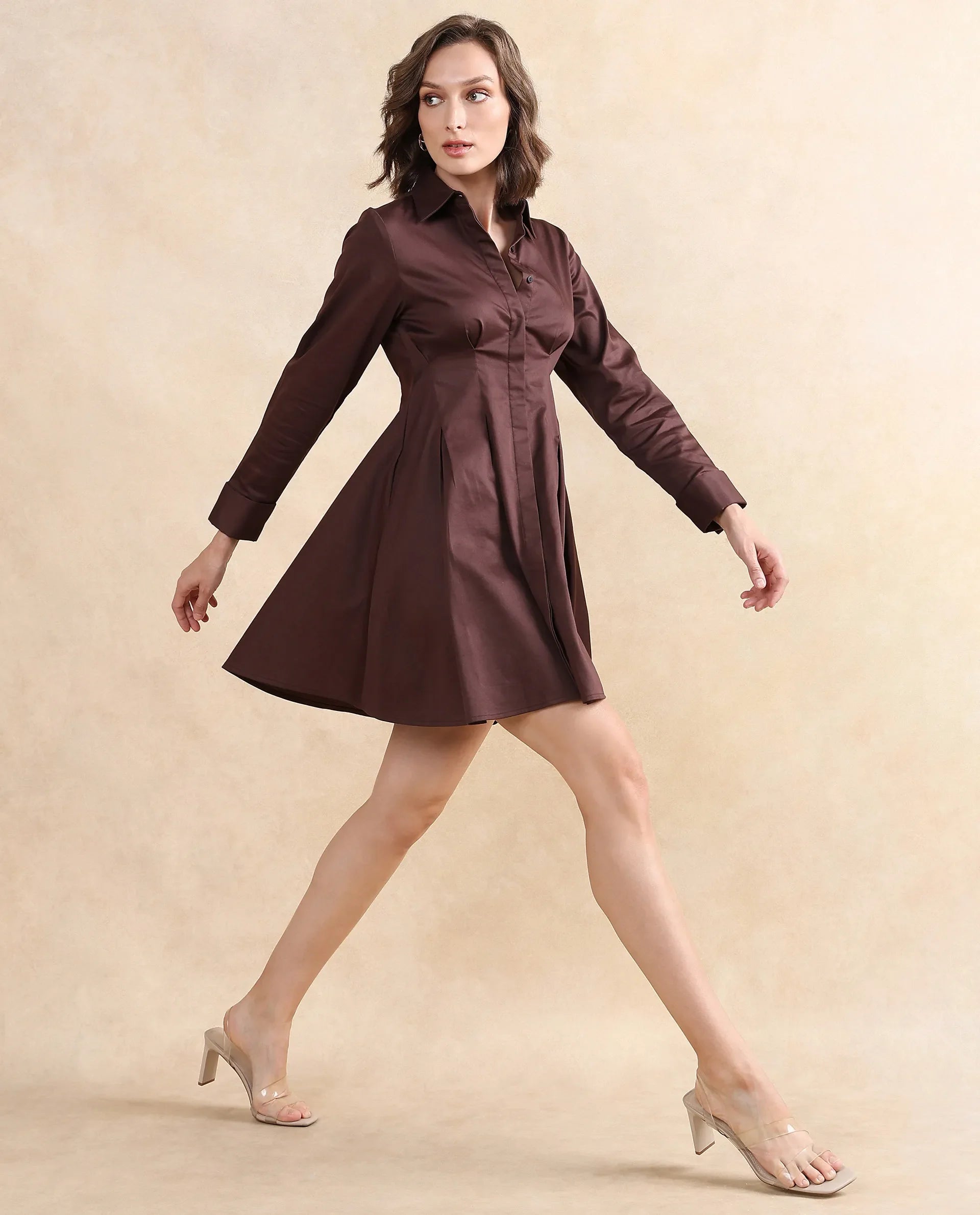 Rareism Women's Bolvia Dark Brown Cotton Blend Drop Collar Plain Cuffed Sleeve Knee Length Flared Dress