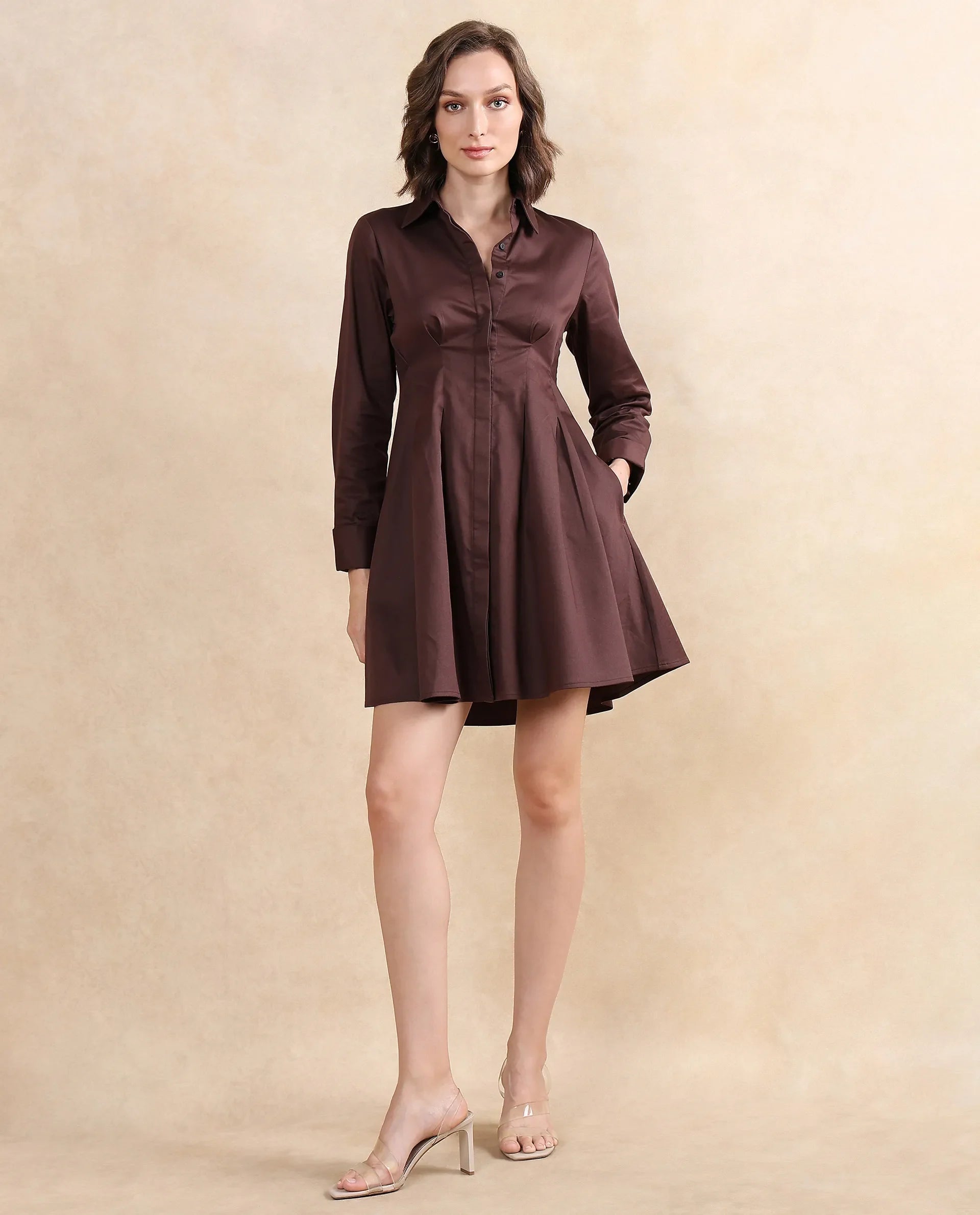 Rareism Women's Bolvia Dark Brown Cotton Blend Drop Collar Plain Cuffed Sleeve Knee Length Flared Dress