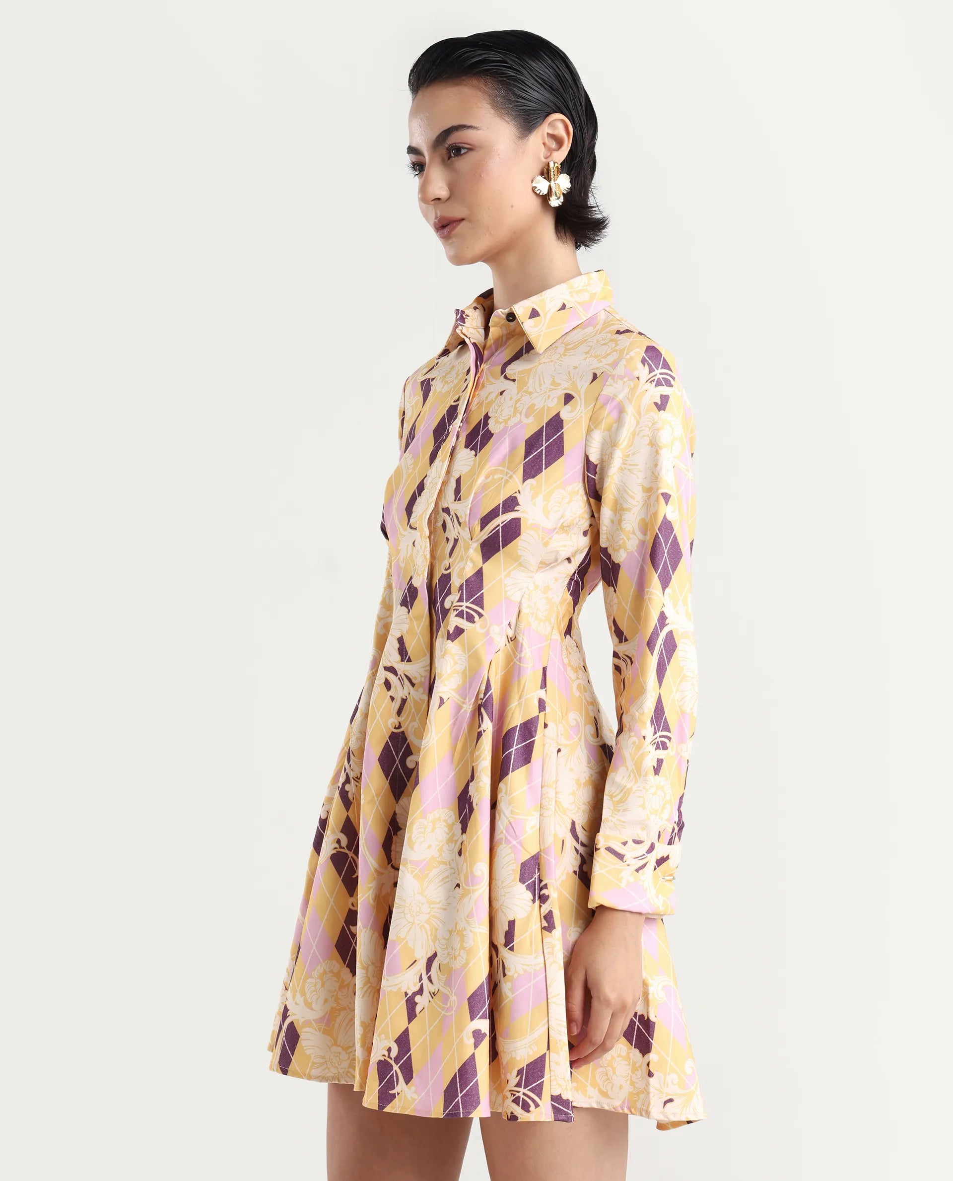 Rareism Women's Bolviana Light Multi Cotton Blend Drop Collar Floral Print Cuffed Sleeve Mini Flared Dress