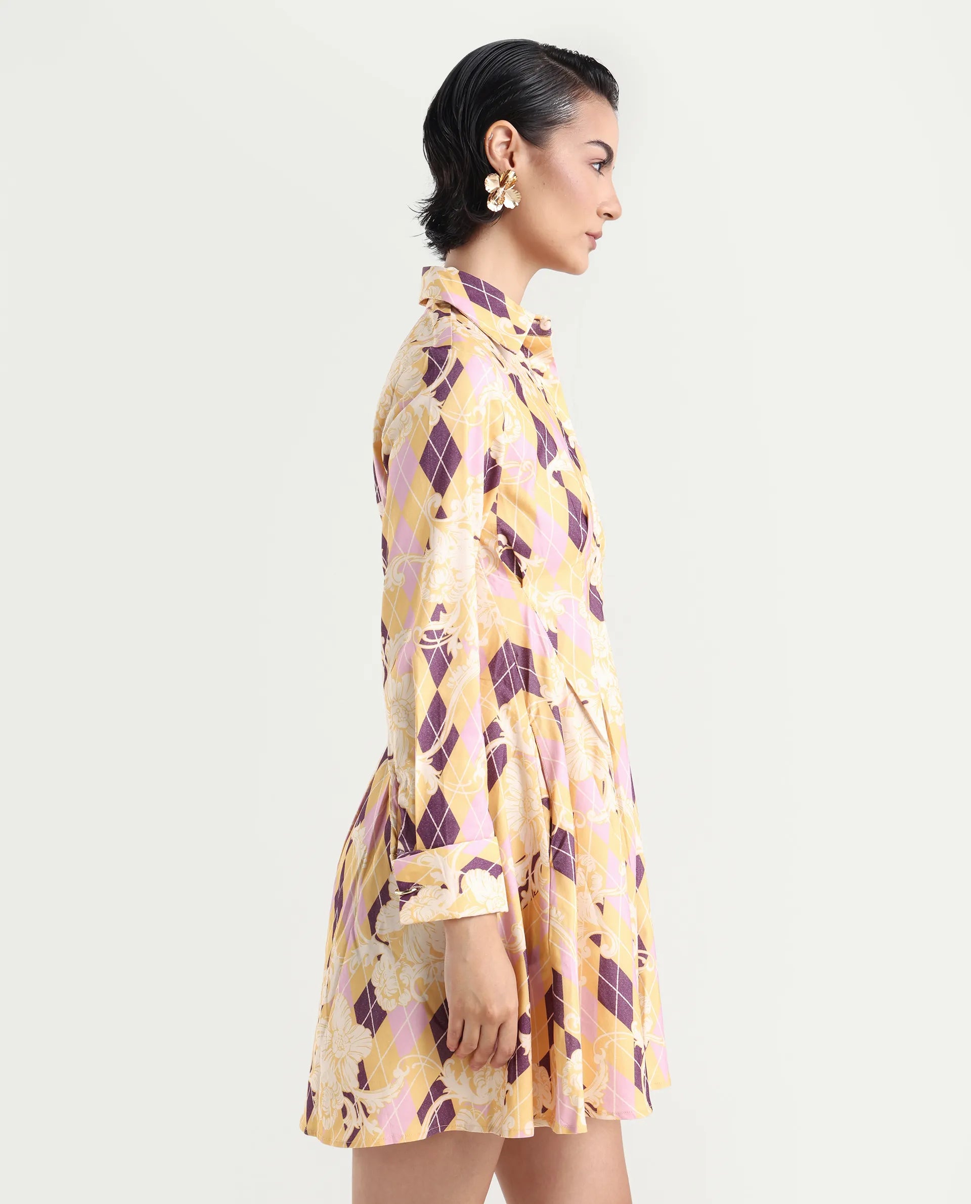 Rareism Women's Bolviana Light Multi Cotton Blend Drop Collar Floral Print Cuffed Sleeve Mini Flared Dress