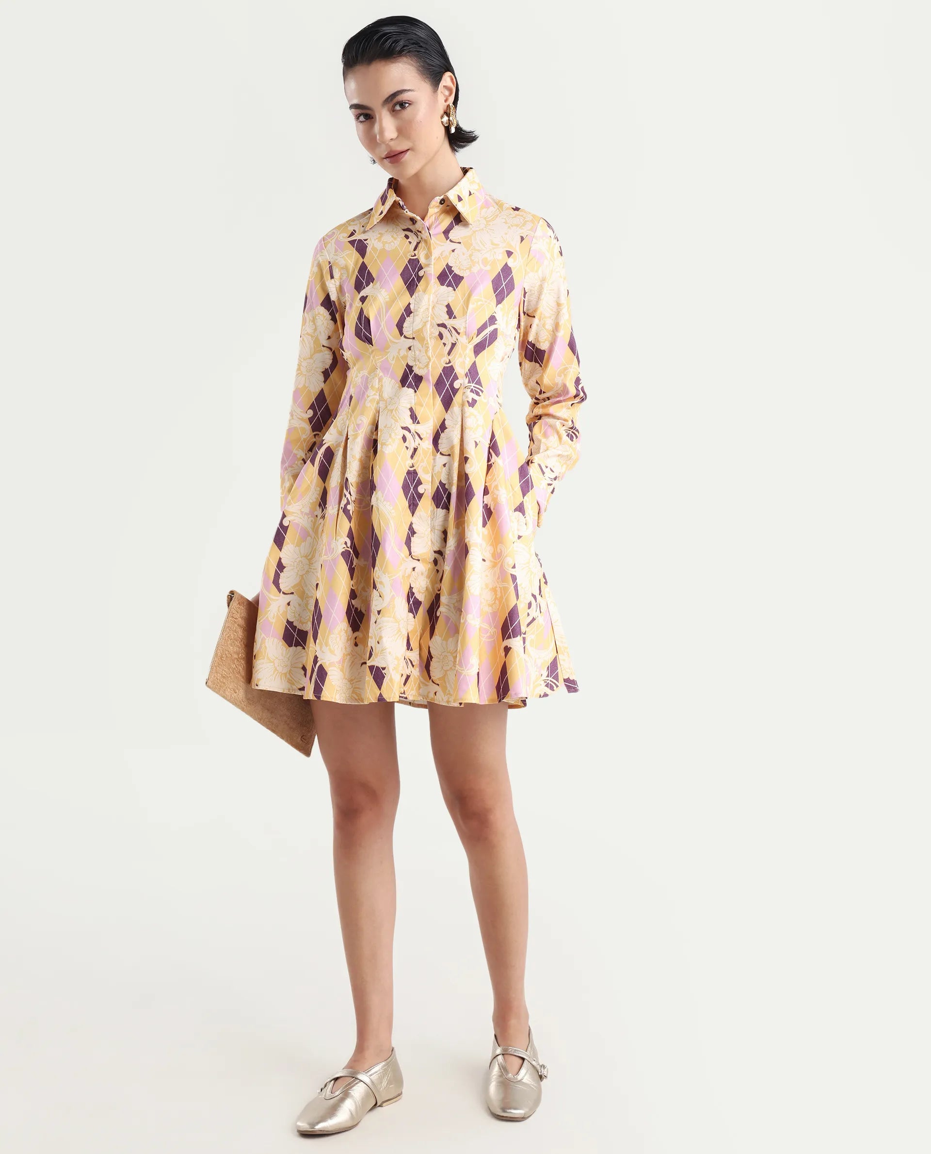 Rareism Women's Bolviana Light Multi Cotton Blend Drop Collar Floral Print Cuffed Sleeve Mini Flared Dress