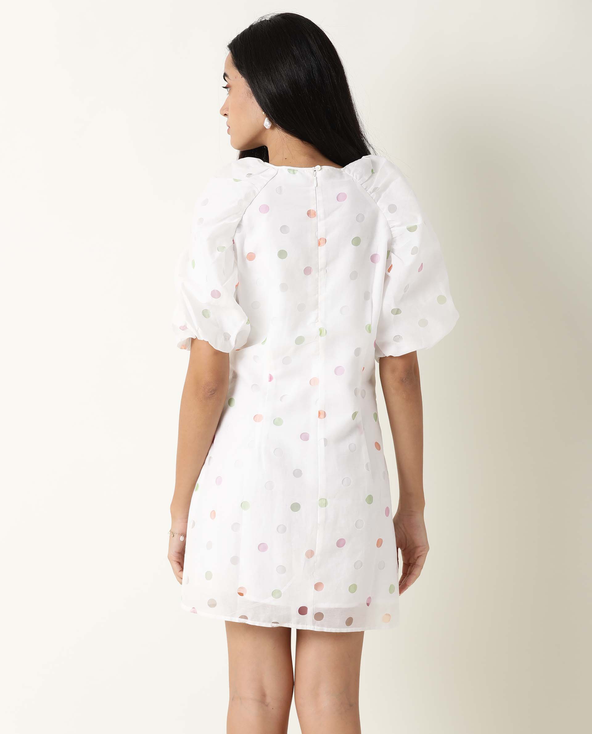 Rareism Women Bonito White Poly Cotton Fabric Short Sleeves Zip Closure Round Neck Balloon Sleeve Tailored Fit Polka Short Dress