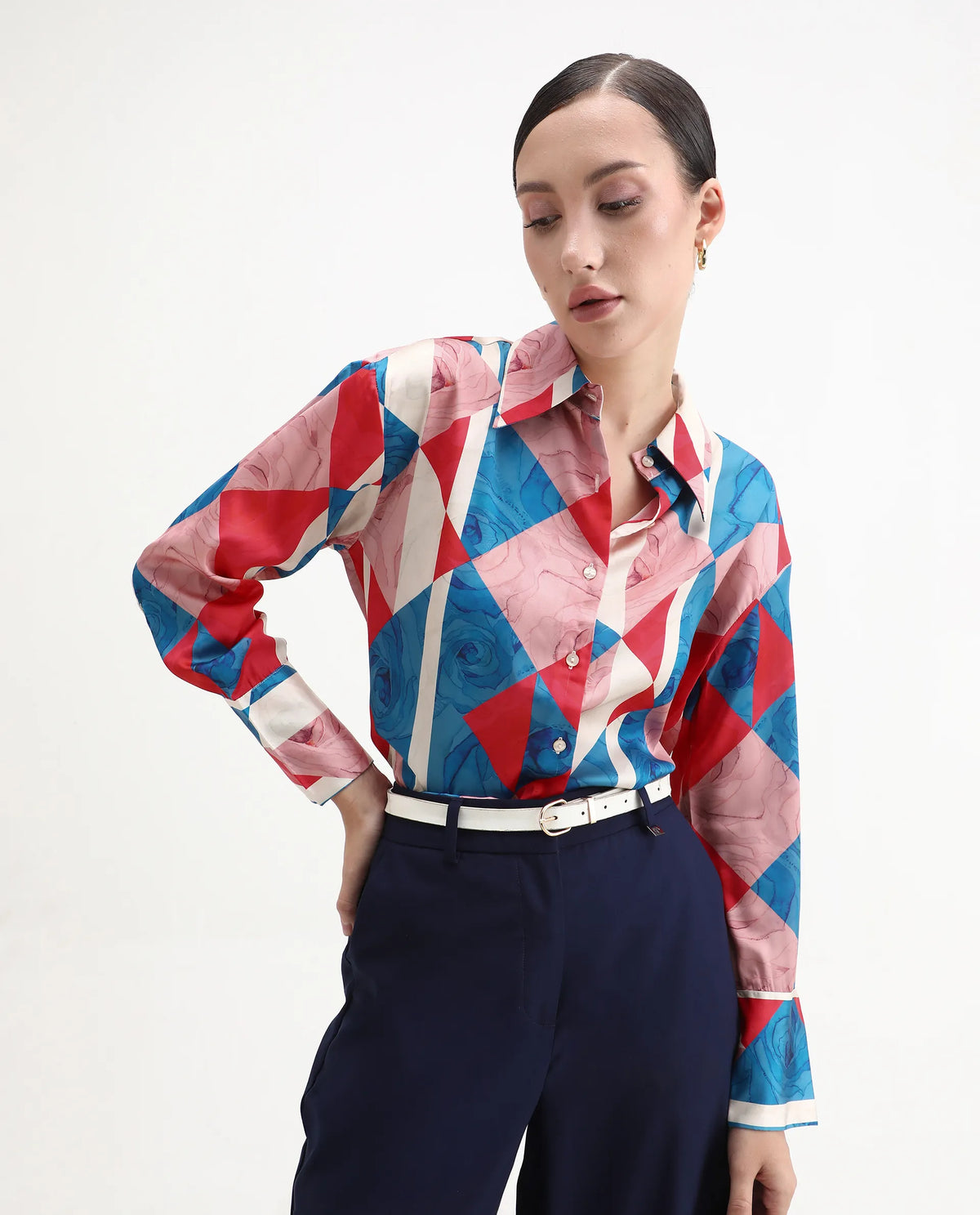 Rareism Women's Bosin Multi Cotton Drop Collar Geometric Print Cuffed Sleeve Regular Fit Top