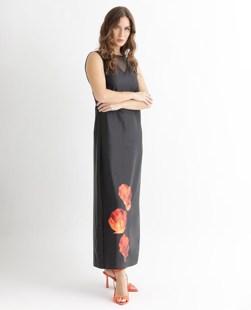 Rareism Women Rost Black Polyester Fabric Sleeveless Regular Fit Floral Print Maxi Dress