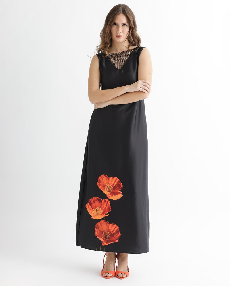 Rareism Women Rost Black Polyester Fabric Sleeveless Regular Fit Floral Print Maxi Dress