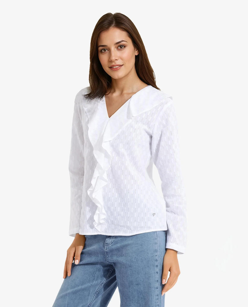 Rareism Women Bowez White Full Sleeve Ruffled Neck Plain Top