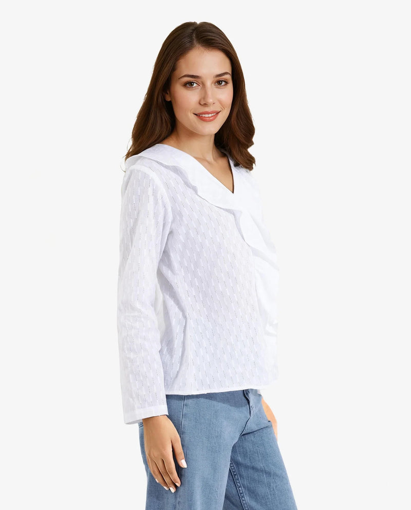 Rareism Women Bowez White Full Sleeve Ruffled Neck Plain Top