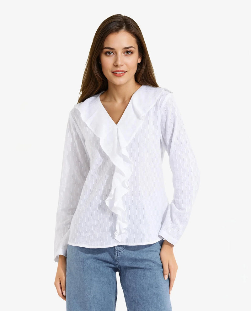 Rareism Women Bowez White Full Sleeve Ruffled Neck Plain Top